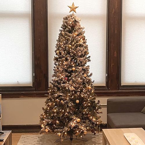 Miniatura 55 de Fraser Hill Farm Árbol de Navidad artificial flocado de pino de Alaska de 12 pies con luces LED blancas cálidas y soporte, árbol falso plegable