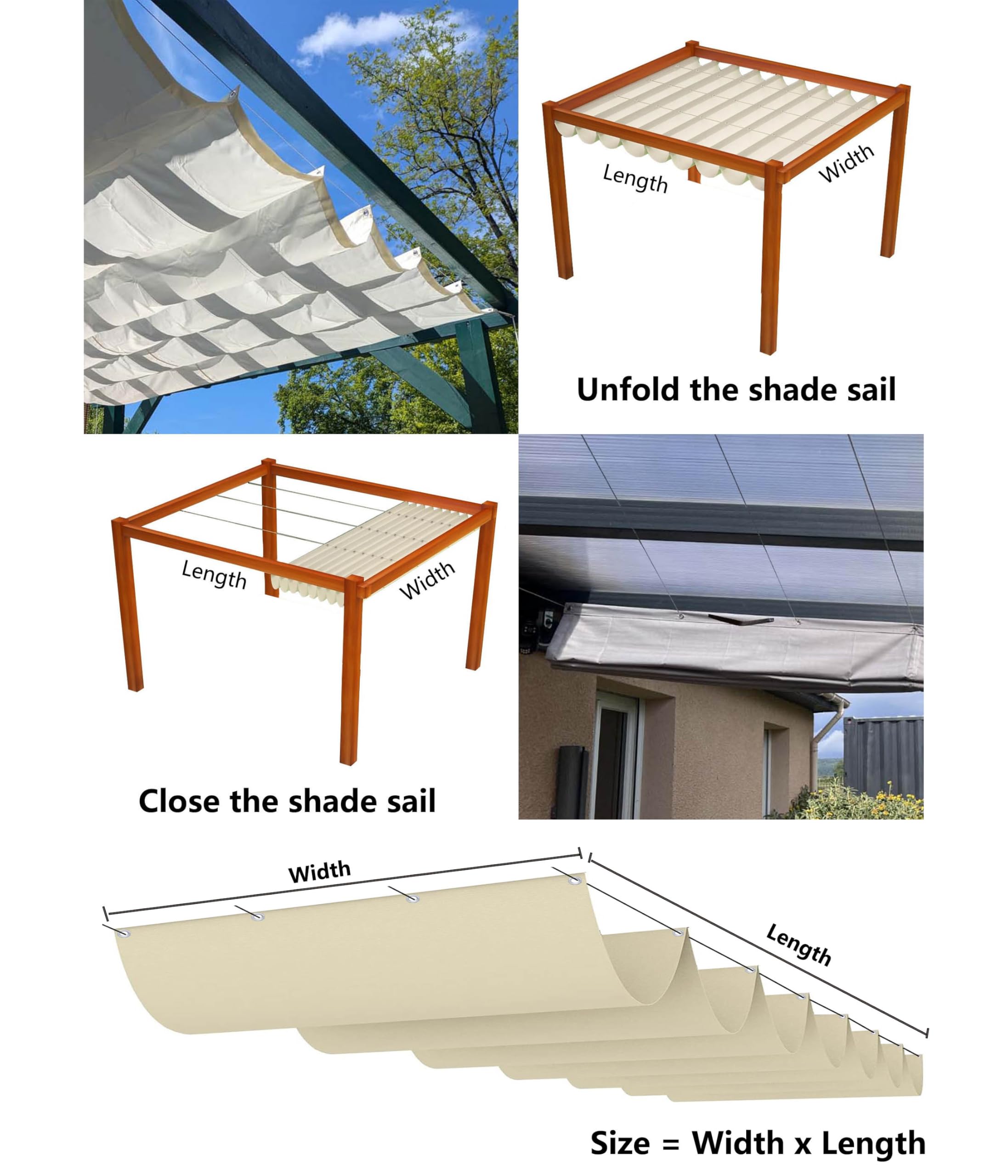 Retráctil Toldo Vela Rectangular 2x6M Toldos Exterior Terraza Impermeable Ondulada Toldo Vela de Sombra con Ojales y Cuerdas 95% protección UV para Exterior Patio jardín Crema