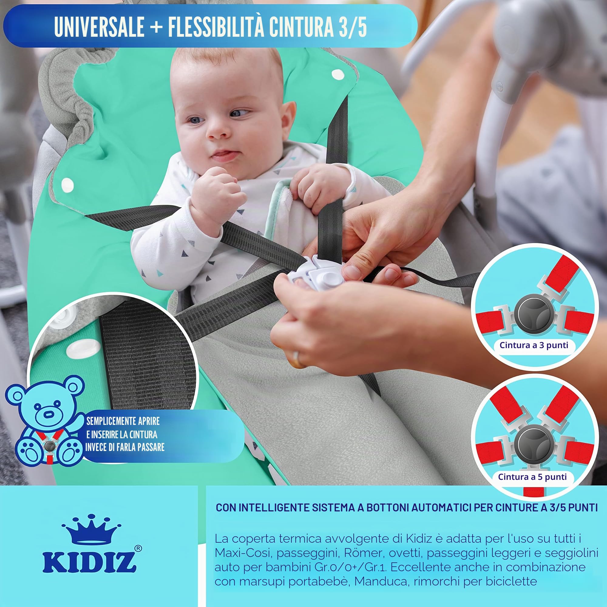 KIDIZ® Coperta invernale con cappuccio + borsa universale per ovetto, seggiolino auto, ad esempio per Maxi-Cosi, Römer per passeggino, passeggino e tutti i sistemi di cinture a 3 e 5 punti