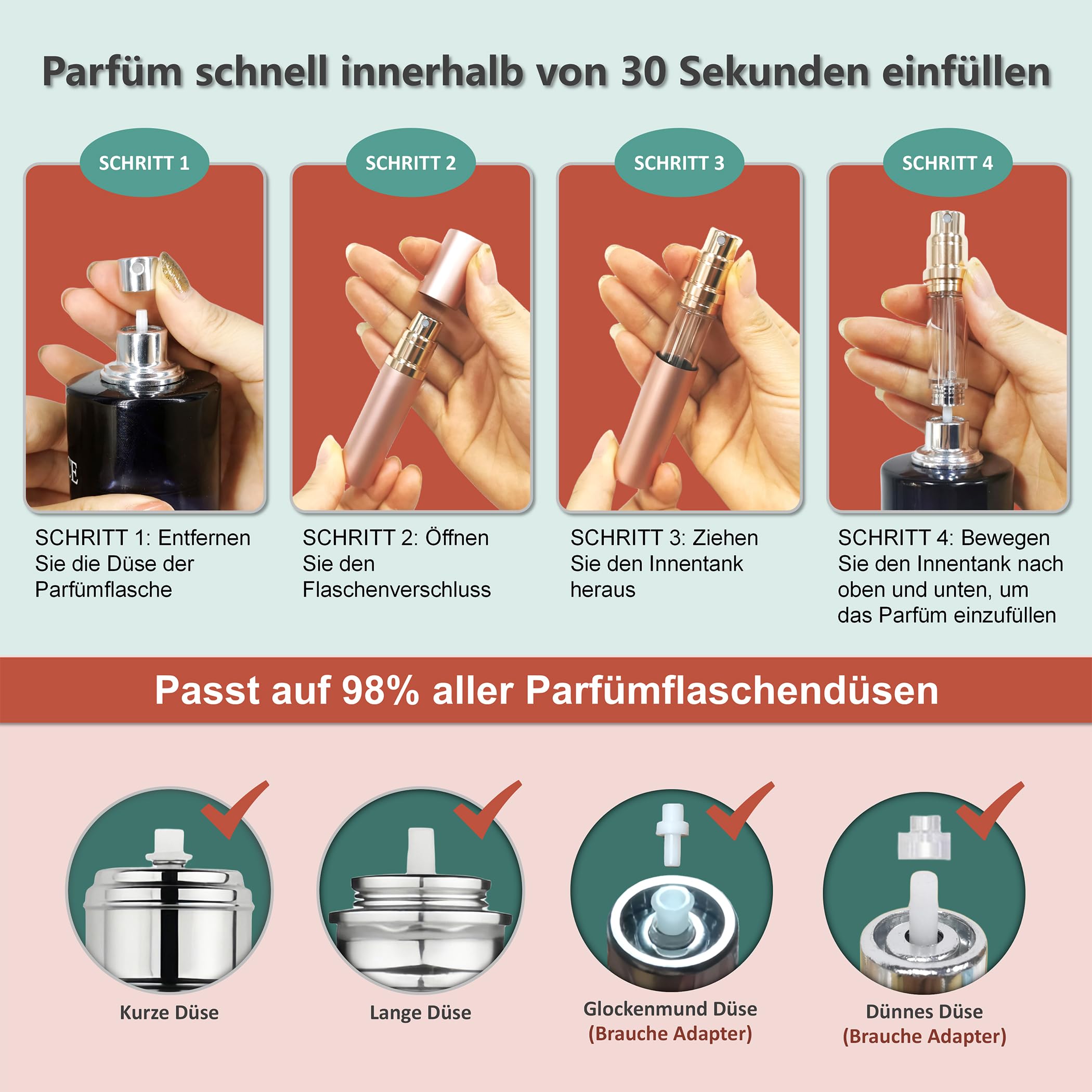 Parfüm Reise Nachfüllbare Flasche Tragbare Zerstäuber Spray Flasche Duft Pumpe Füllen von unten Mini Tasche Größe 5ml für Reisen und Ausgehen (Gold)