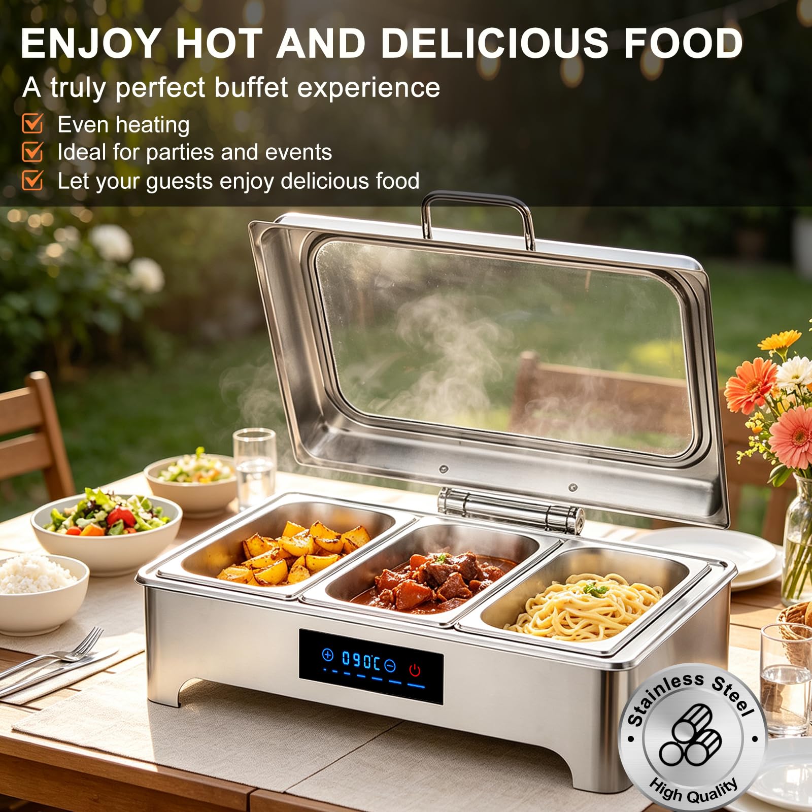 9L Calentador Buffet Electrico, Temperatura Ajustable 30-90℃, 1/1 | Chafing Dish Buffet Electrico, Calentador de Comida Buffet Electrico para Buffet, Catering y Fiestas, Acero Inoxidable
