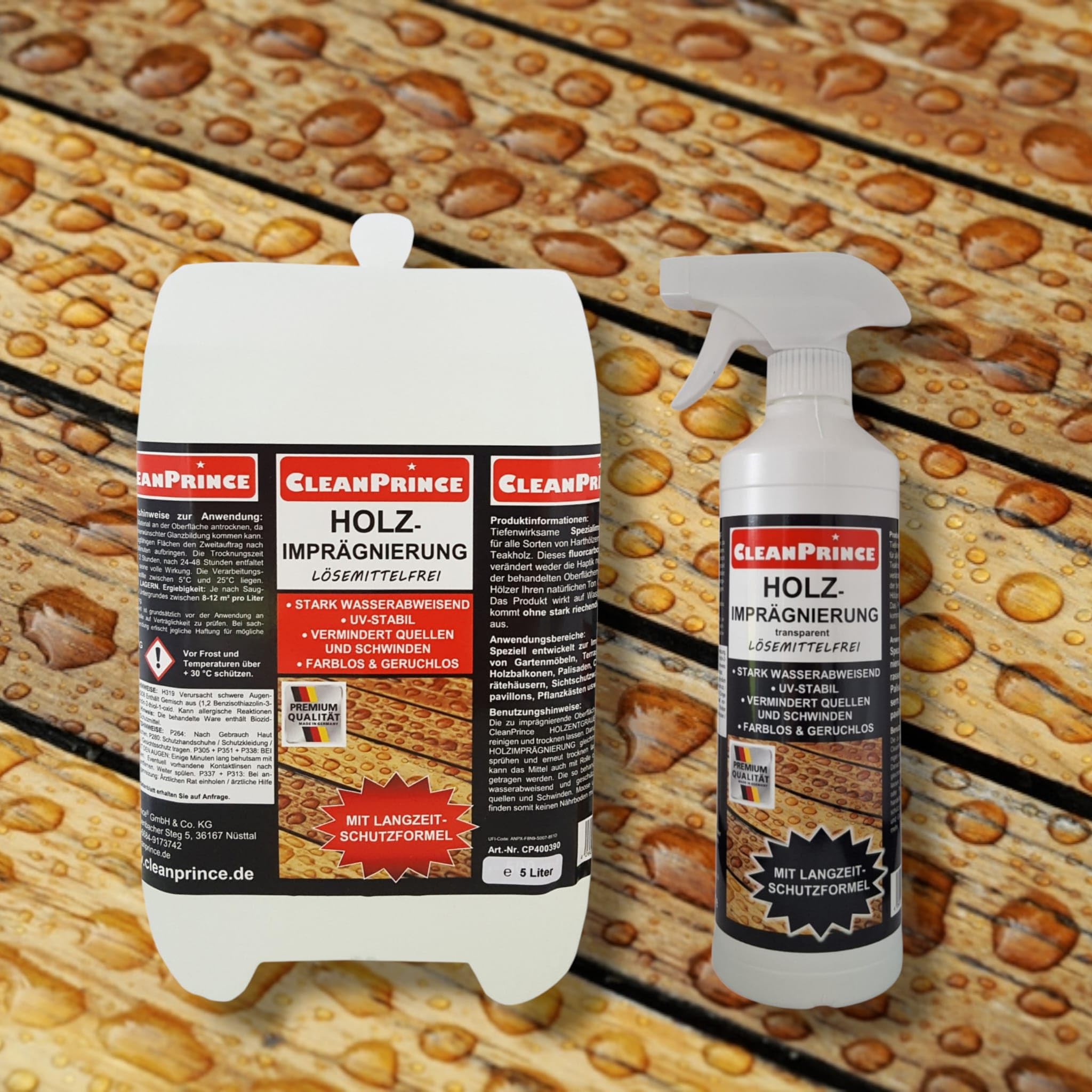 CleanPrince 5,5 litra impregnacji drewna, nie zawiera rozpuszczalników, bezbarwna, bezzapachowa, odporna na działanie promieni UV, silnie odporna na działanie wody, zmniejsza pęcznienie i kurczenie się wszystkich gatunków drewna, impregnat do drewna tekow
