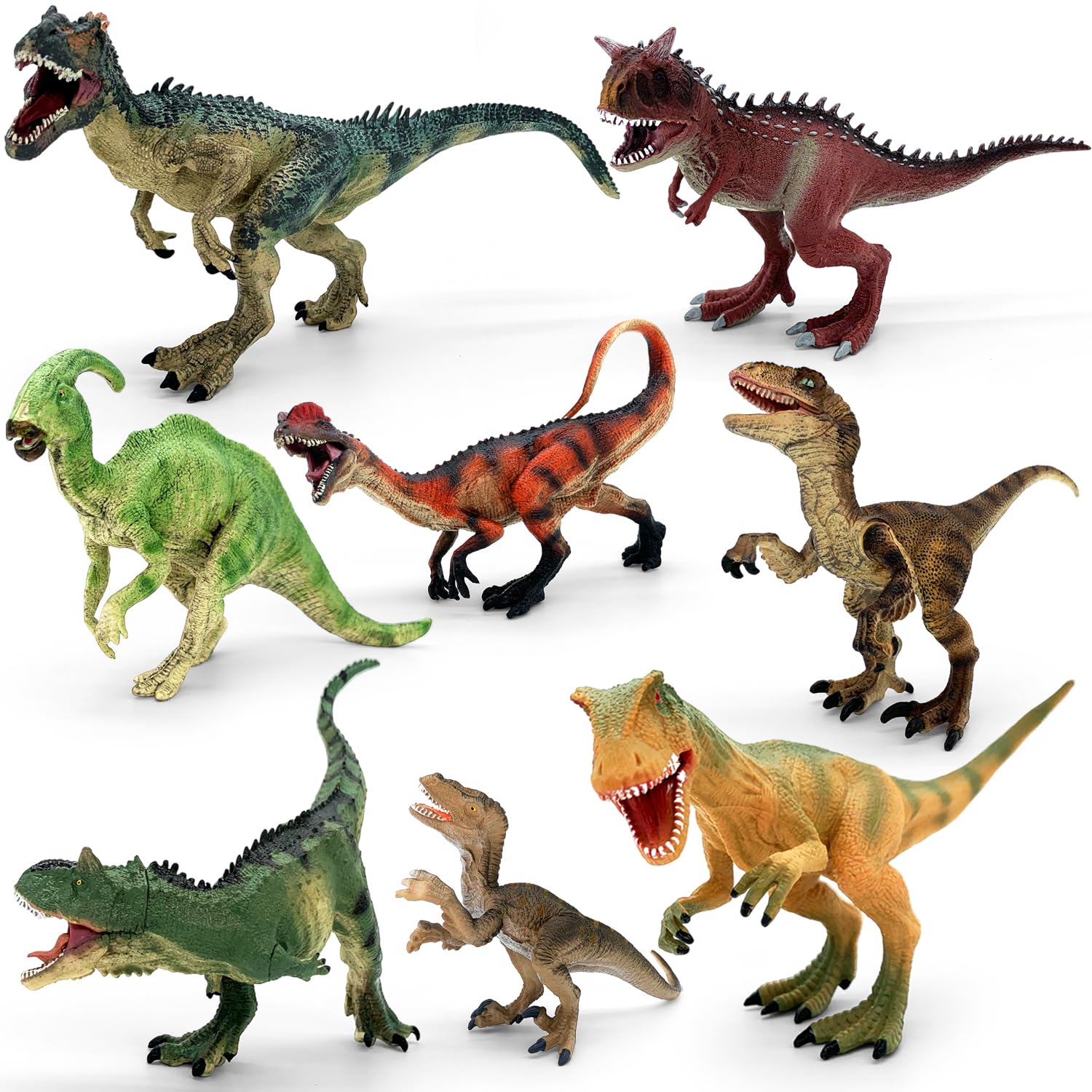 8 PCS Dinosaur Toys with Movable Jaw - Large Realistic Jurassic Dinosaur Figures Including T-Rex, Carnotaurus, Velociraptor, Educational Playset for Kids Boys Girls Ages 3+, Birthday Gifts