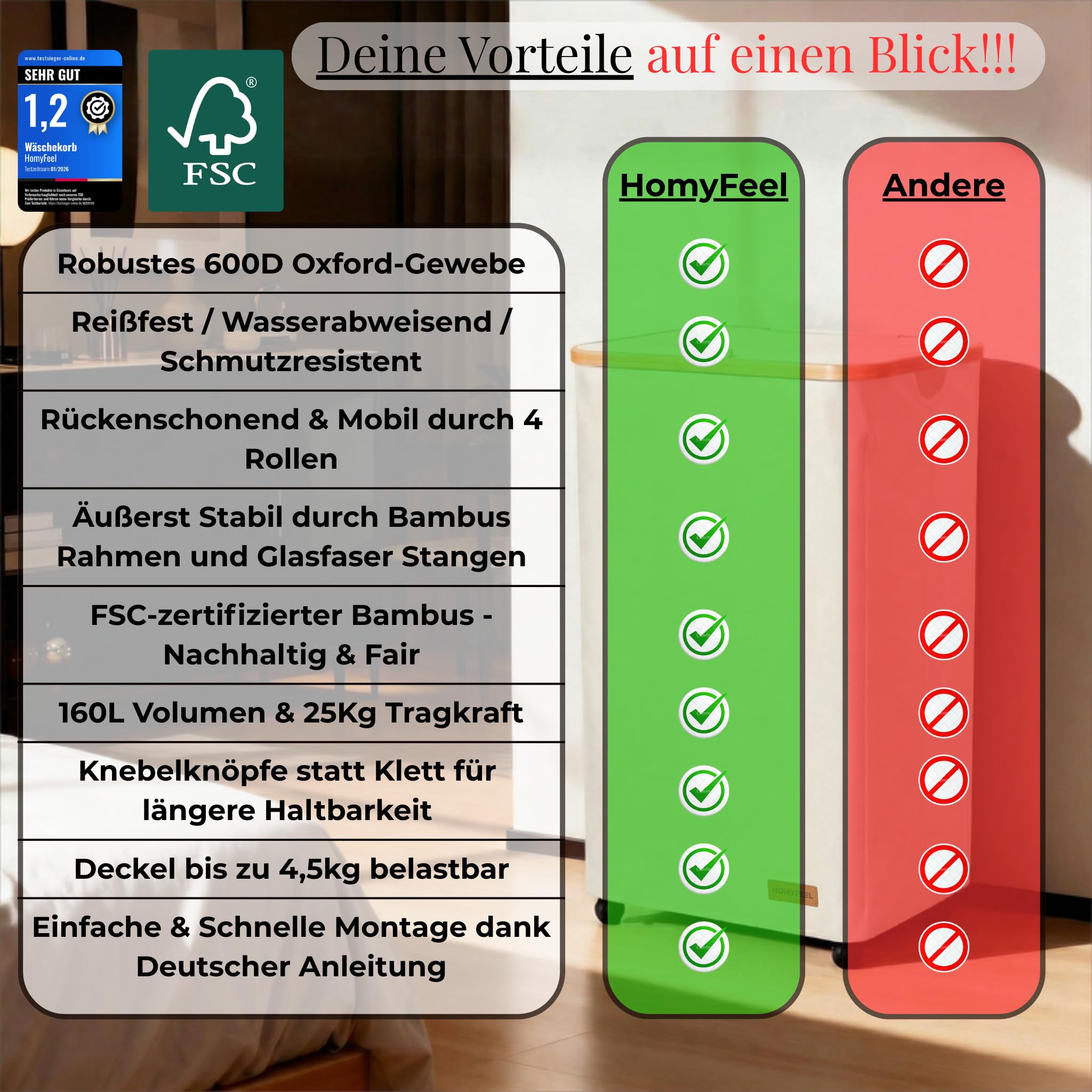 HomyFeel - Wäschesammler 3 fächer rollbar, 160L, Wäschekorb mit Deckel, herausnehmbare wäschesack, Wäsche sortiersystem, Oxford Gewebe, Wäschebox auf Rollen, Griffe aus Bambus, 57x37,5x79cm, Weiß - 5