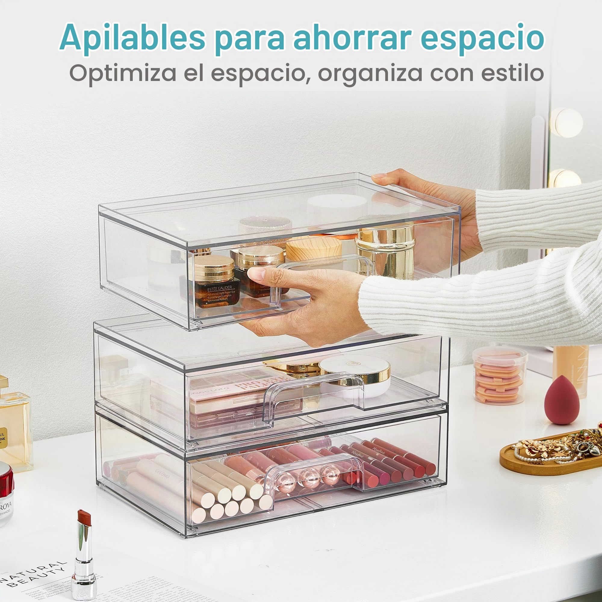 Vtopmart Caja de almacenamiento con 3 cajones, organizador de tocador transparente, cajón organizador antideslizante para baño, tocador y escritorio.