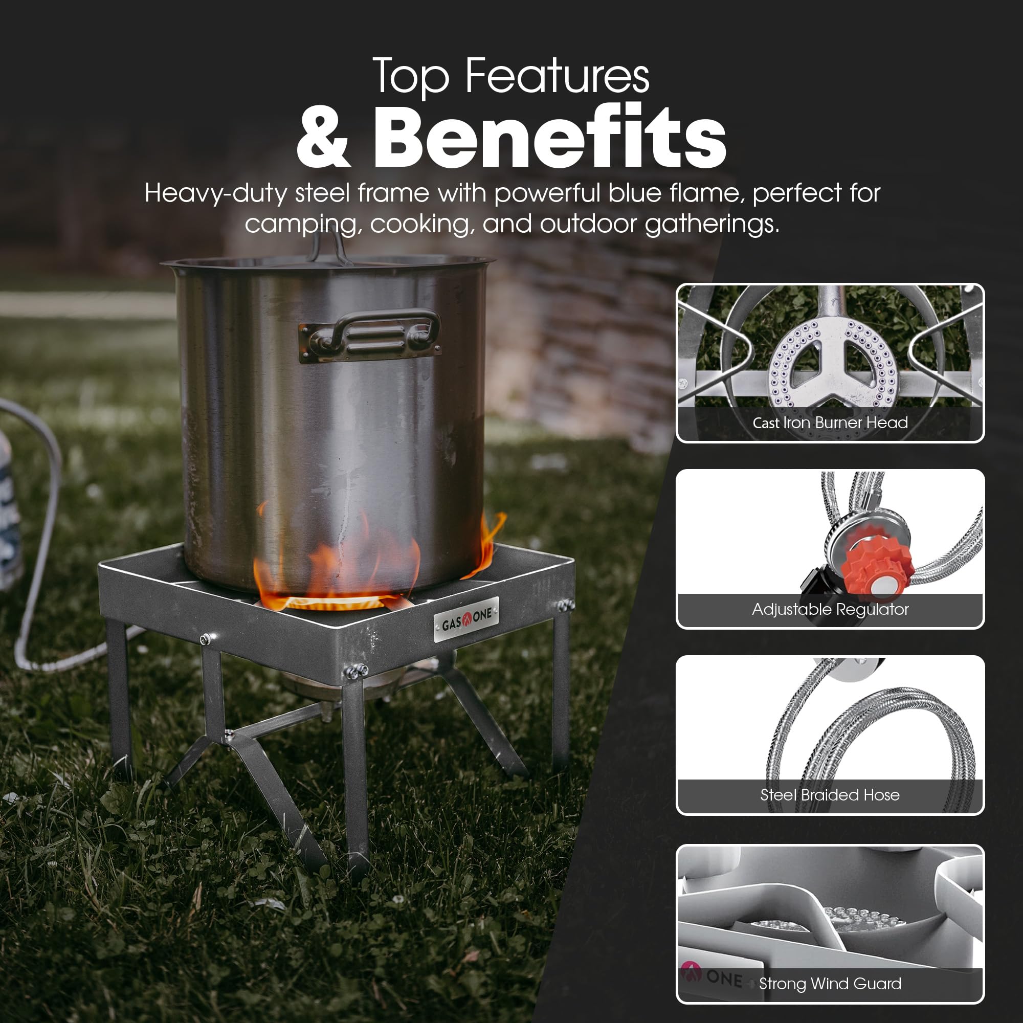 GasOne Stainless Steel Outdoor Propane Burner – High Pressure Camp Stove with Adjustable Regulator & Steel-Braided Hose
