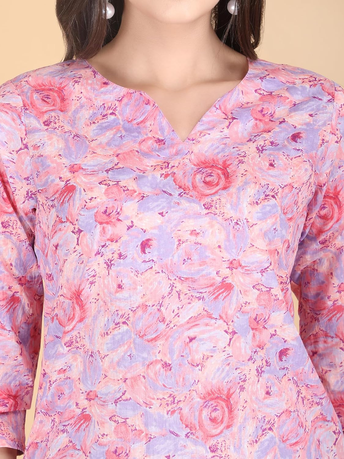 Women's Cotton Printed A-Line Kurti Top | 3/4 Sleeve V-Neck Tunic for Daily & Casual Wear - Image 5