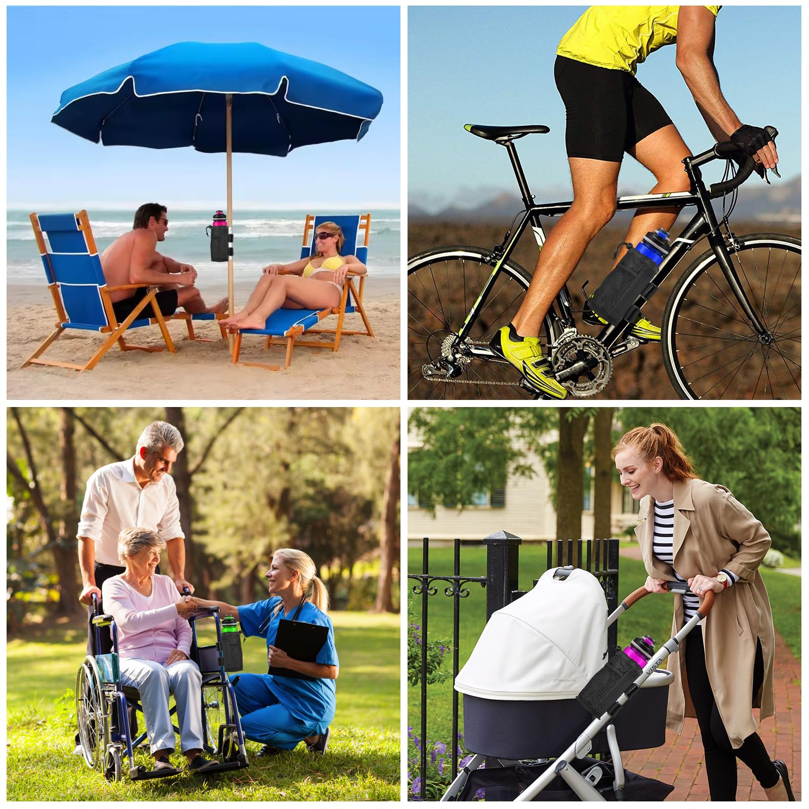 Porte-Gourde Vélo Imperméable 24 Oz – Fixation Sans Vis, Poche Filet + Cordon, Universel Guidon & Poussette