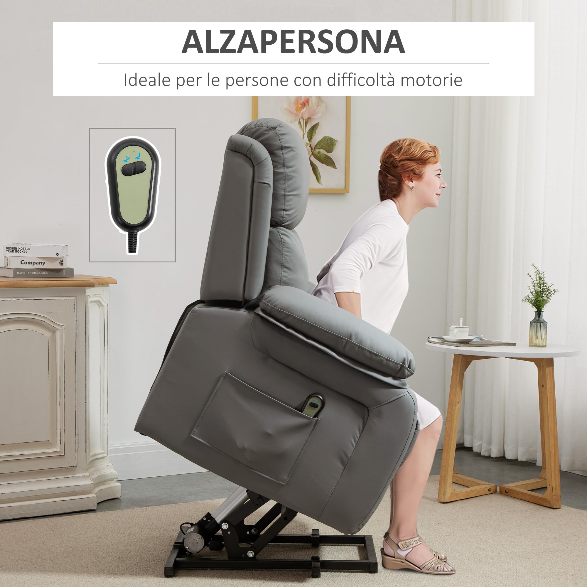 HOMCOM Poltrona Elettrica Alzapersona Reclinabile 160°, Poltrona Relax Elettrica in Pelle PU con Telecomando, Poggiapiedi e 2 Tasche Laterali per Soggiorno, Grigio