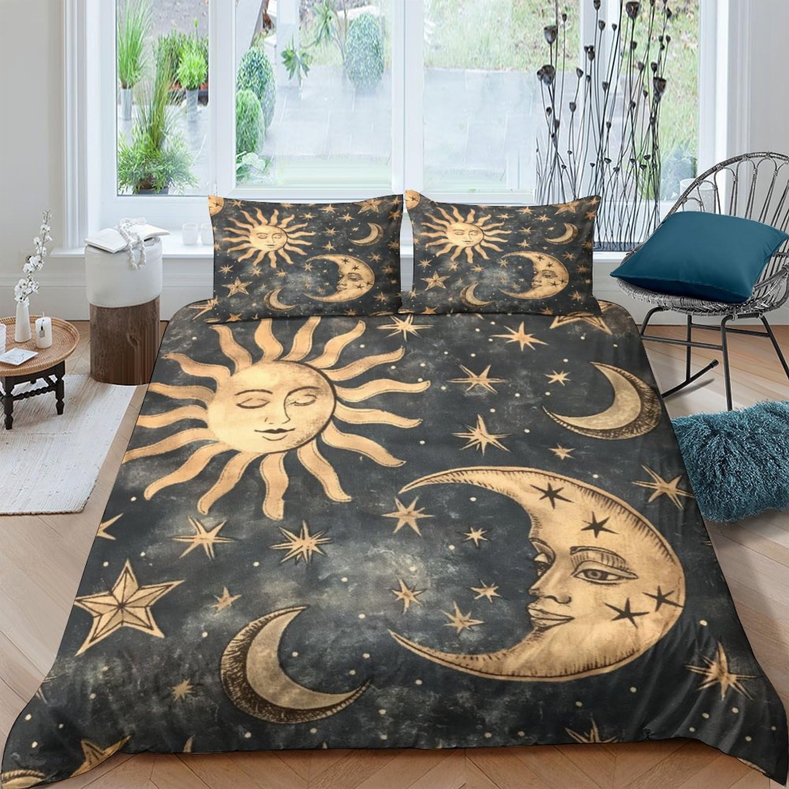 OPANZYYDE Moon And Stars Duvet Cover 3 PCS Hotel Quality Quilt Cover Bedding Set Bed Covers with Pillowcases with Zipper Closure Ultra Soft Hypoallergenic Microfiber King（220x240cm）