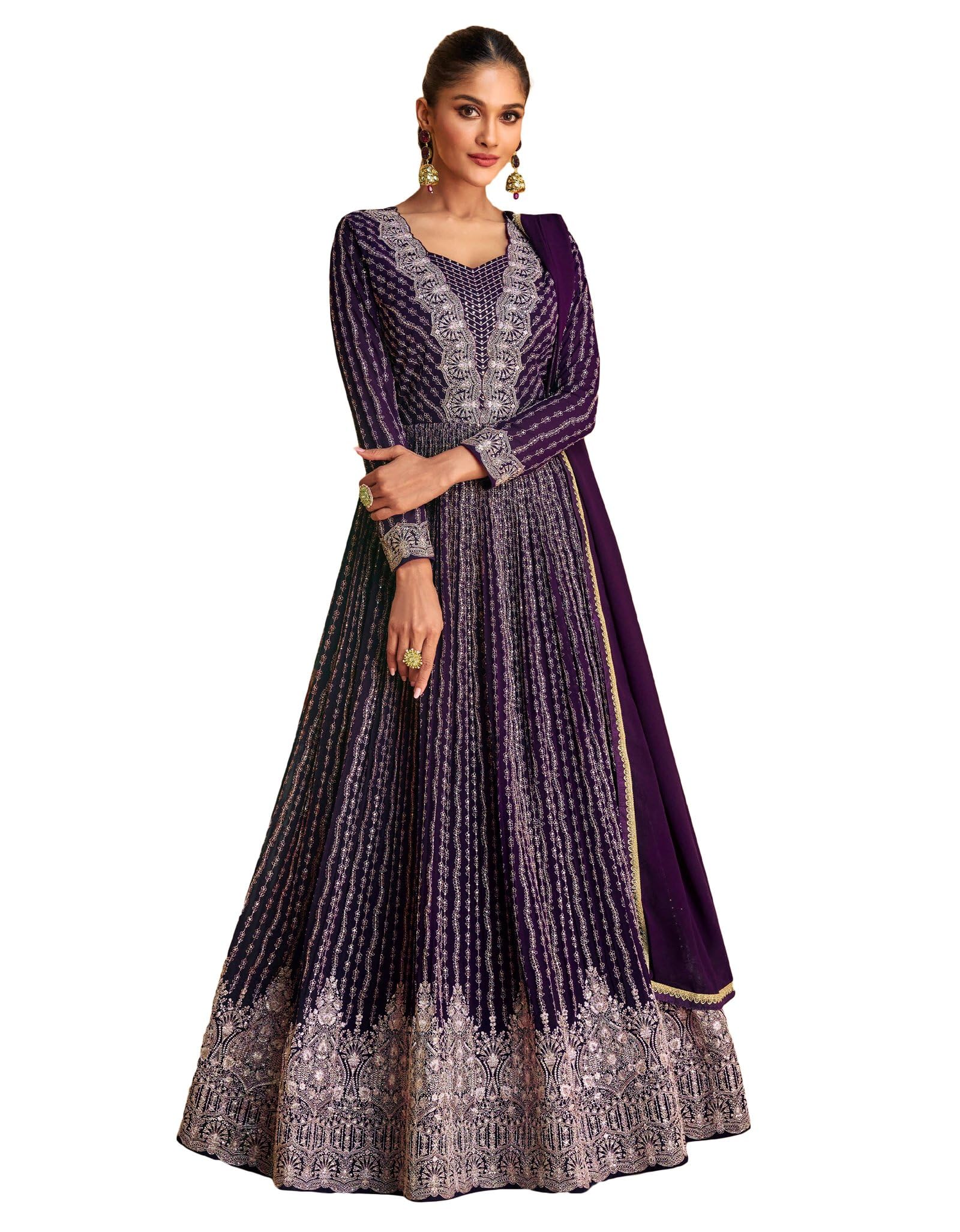 Women's Purple Faux Georgette Stitched Top with Faux Georgette Dupatta Full Sleeve Embroidered Anarkali Gown (SSW-1185-Purple)-image-48