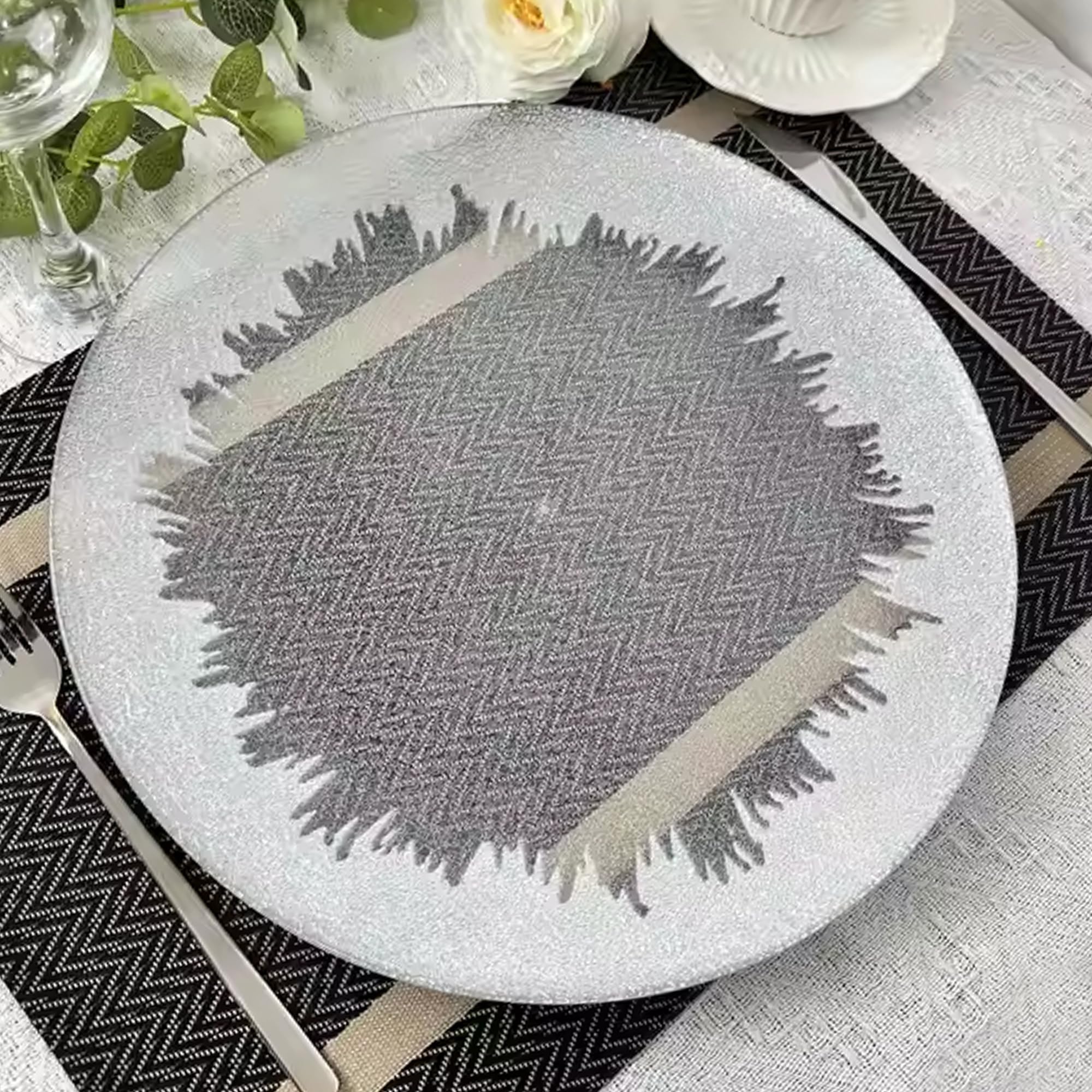 Platos de carga decorativos para fiestas, platos de vidrio con ribete plateado para decoración de mesa de comedor, bodas, cumpleaños, fiestas, vajilla, eventos de catering, 33 cm, 6 unidades