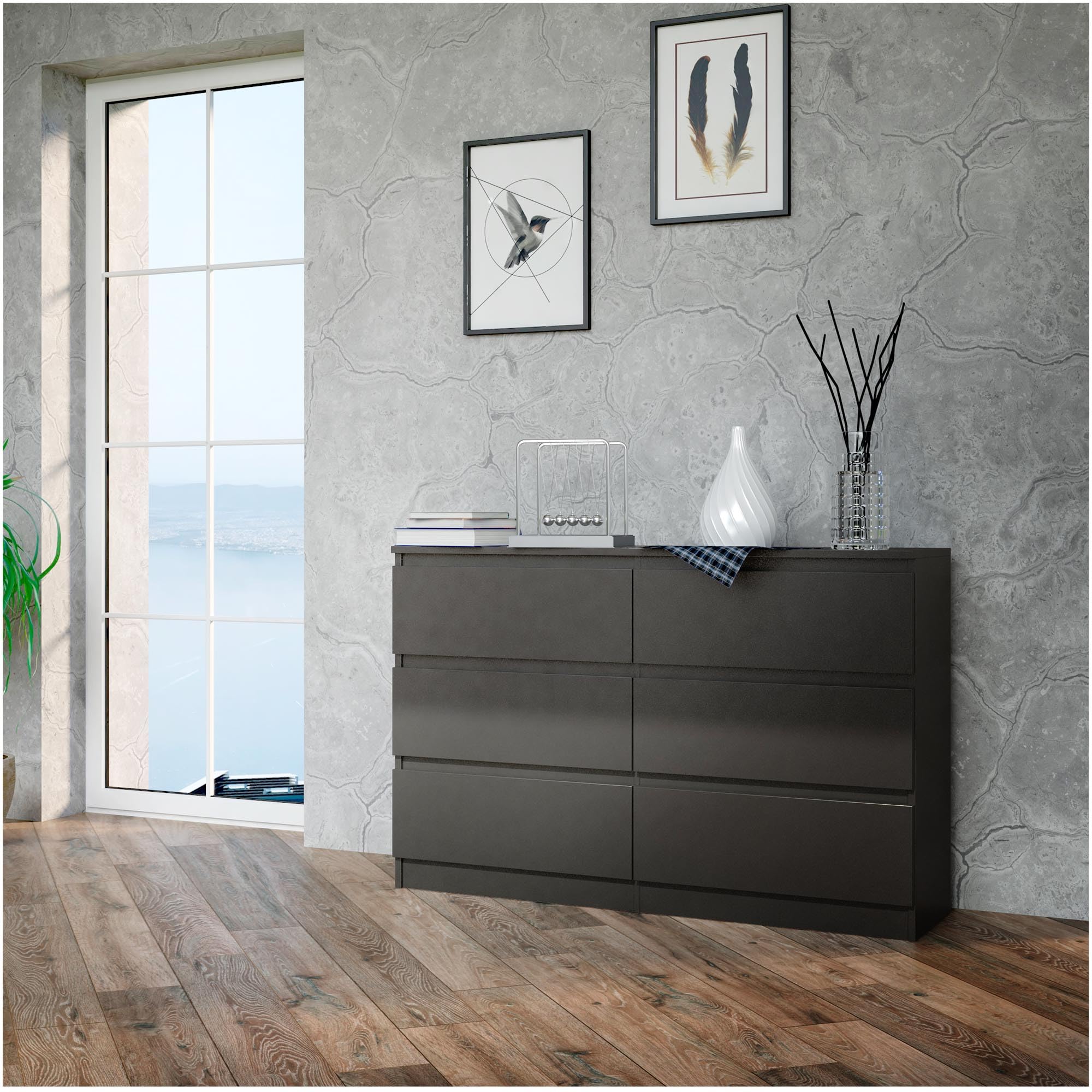 CDF Cómoda 6 Cajones Cajonera Dormitorios Comoda Moderna de Dormitorio Sinfonier Cómoda de Noche Armario de Almacenamiento, Mueble para Ropa - Placa laminada 16 mm Negro 30x120x75 cm