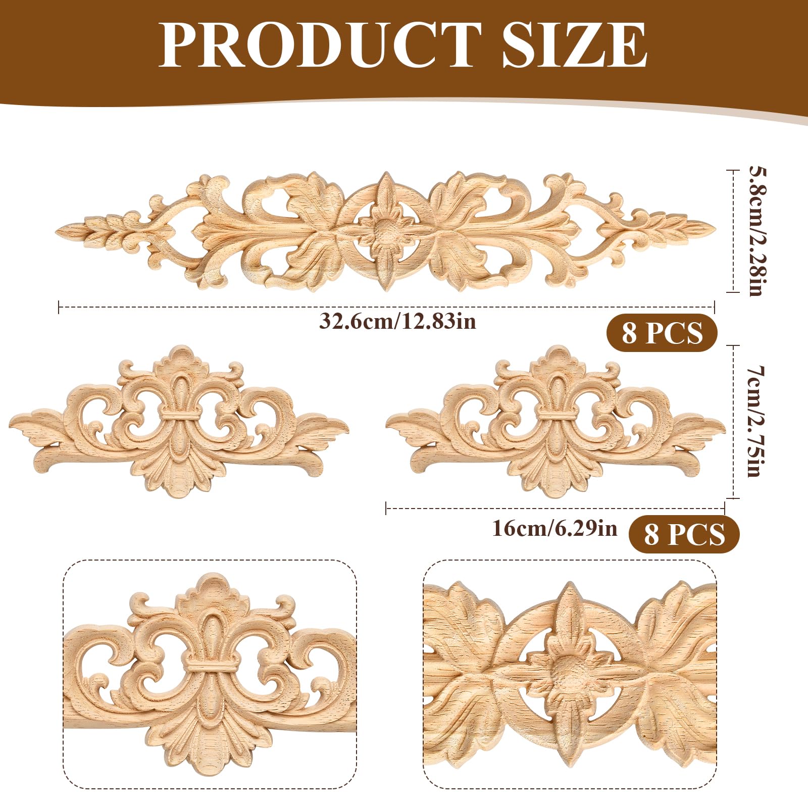 Supkiir 16Pcs Wood Appliques, Carved Unpainted DIY Decorative Wooden Applique Trim Decal Wood Embellishments for Furniture Cabinet Dresser Bed Wall 2 Sizes