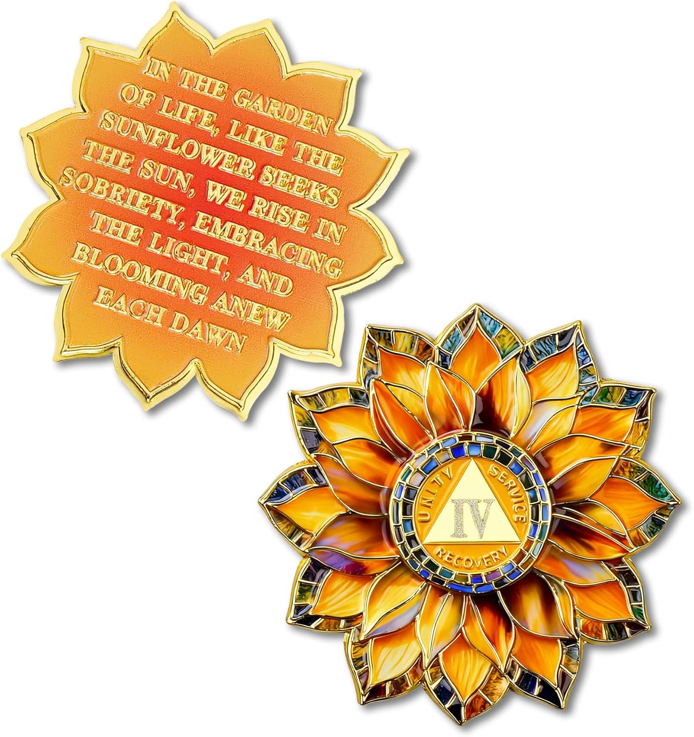 Sunflower 4 Year Sobriety Coin - Colorful Glass Broken and Rebuilt AA Coins - Four Year Addiction NA AA Chips and Medallions - 1-20 Celebrate Living Clean Alcoholics Anonymous Gifts for Men Women