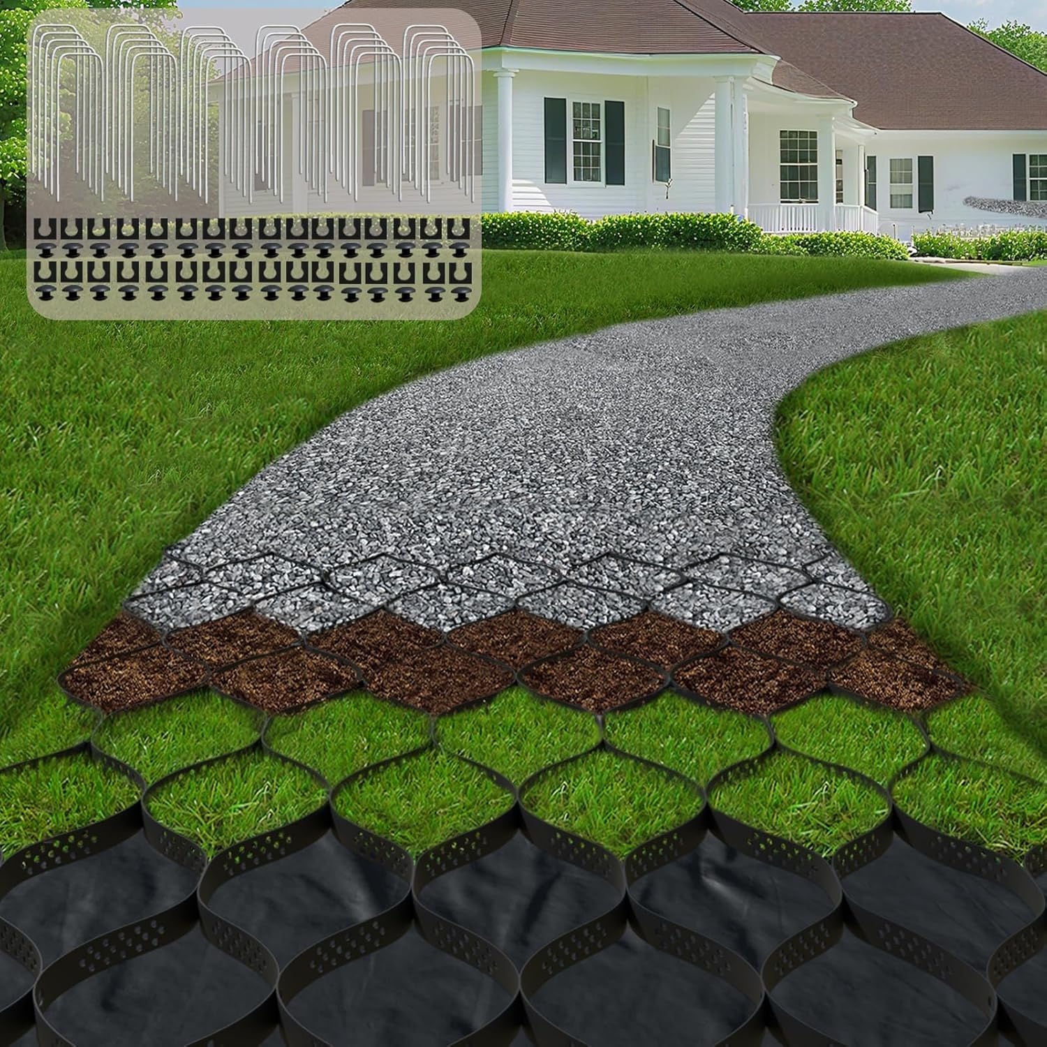 2" Thick Gravel Ground Grid 10ft X 33ft - Heavy-Duty Driveway Stabilization Geocell for Walkways and RV Parking(3x10 m)
