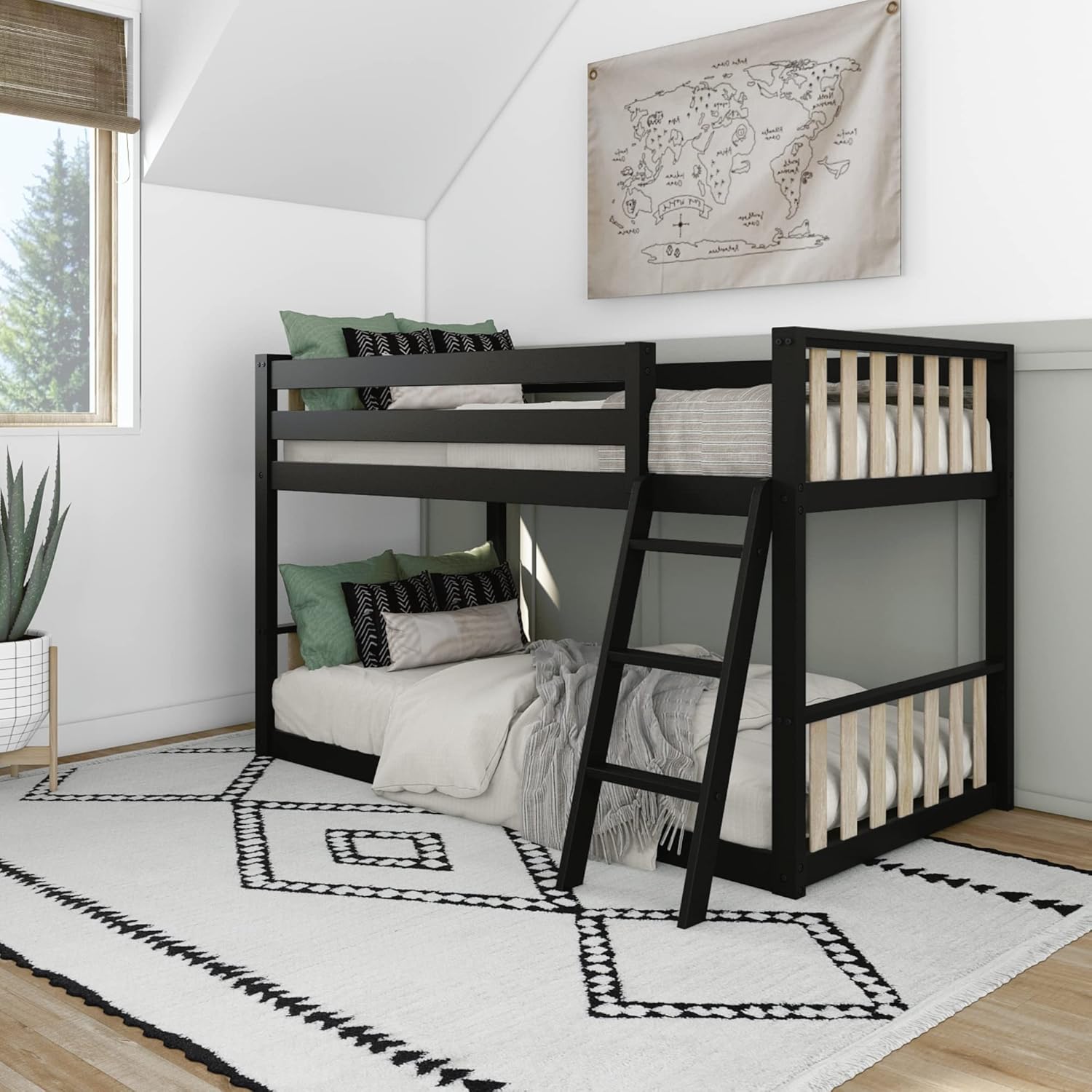 Max & Lily Bunk Bed, Scandinavian Modern Bunk Bed, Solid Wood Twin Over Full Bed Frame for Kids, No Box Spring Needed, Black/Blonde