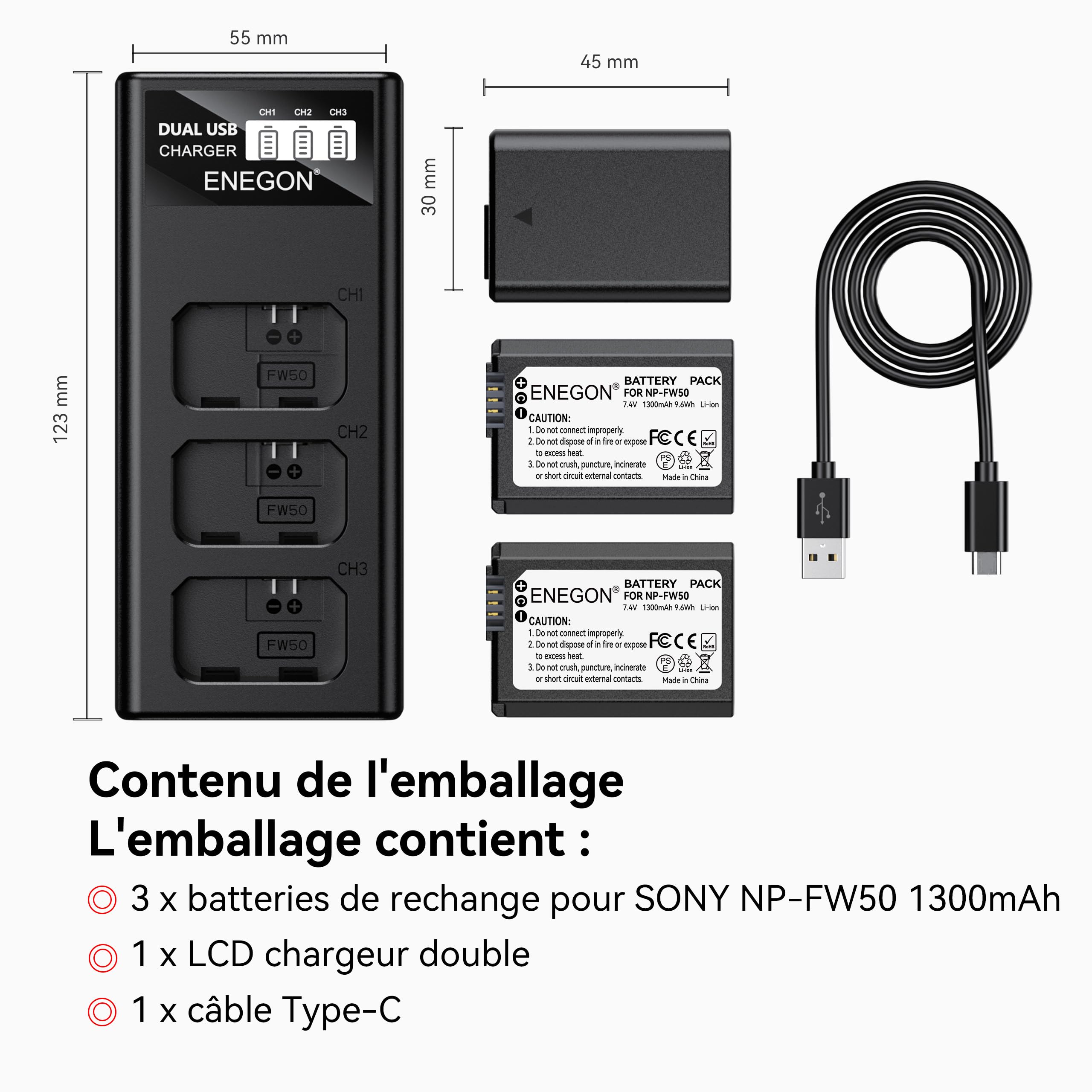 ENEGON NP-FW50 Lot de 3 batteries 1300 mAh et chargeur LCD 3 baies pour Sony Alpha A6000 A6300 A6400 A6500 ZV-E10 7RM2 A7SM2 A7M2 A7 II A7R II A7S II A5000 A5100 A5100 3000 g. RX10 II III IV NEX-3/5
