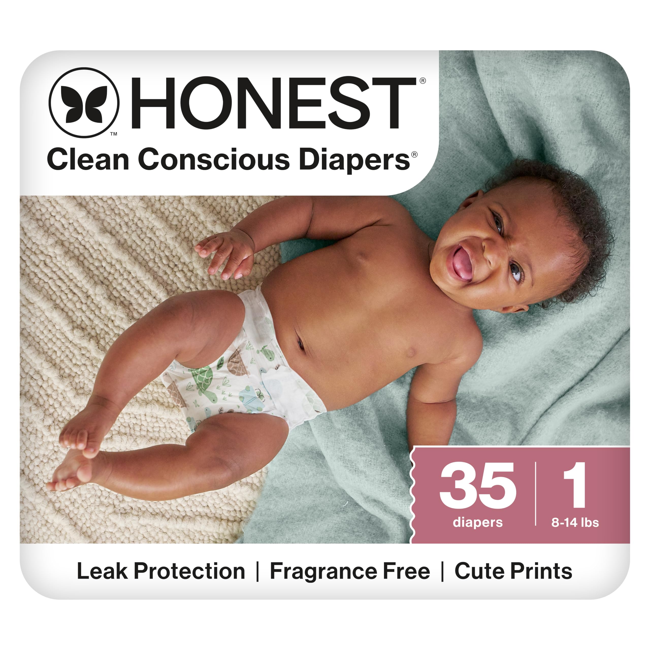 The Honest Company Clean Conscious Diapers for Sensitive Skin, Up to 100% Leakproof, Hypoallergenic, Fragrance Free, Turtle Time, Polybag, Size 1 (8-