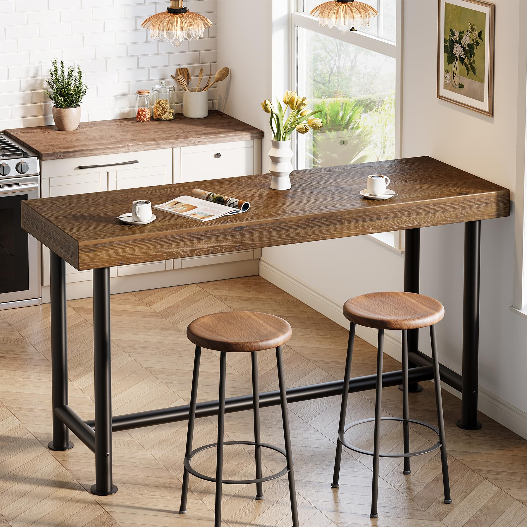 TRIBEWOOD 63" Solid Wood Bar Table, Long Counter Height Pub Top Table, Narrow Dining Breakfast Bar Units with Metal Sturdy Legs for Home Kitchen, Living Room, Bistro, Easy to Assemble