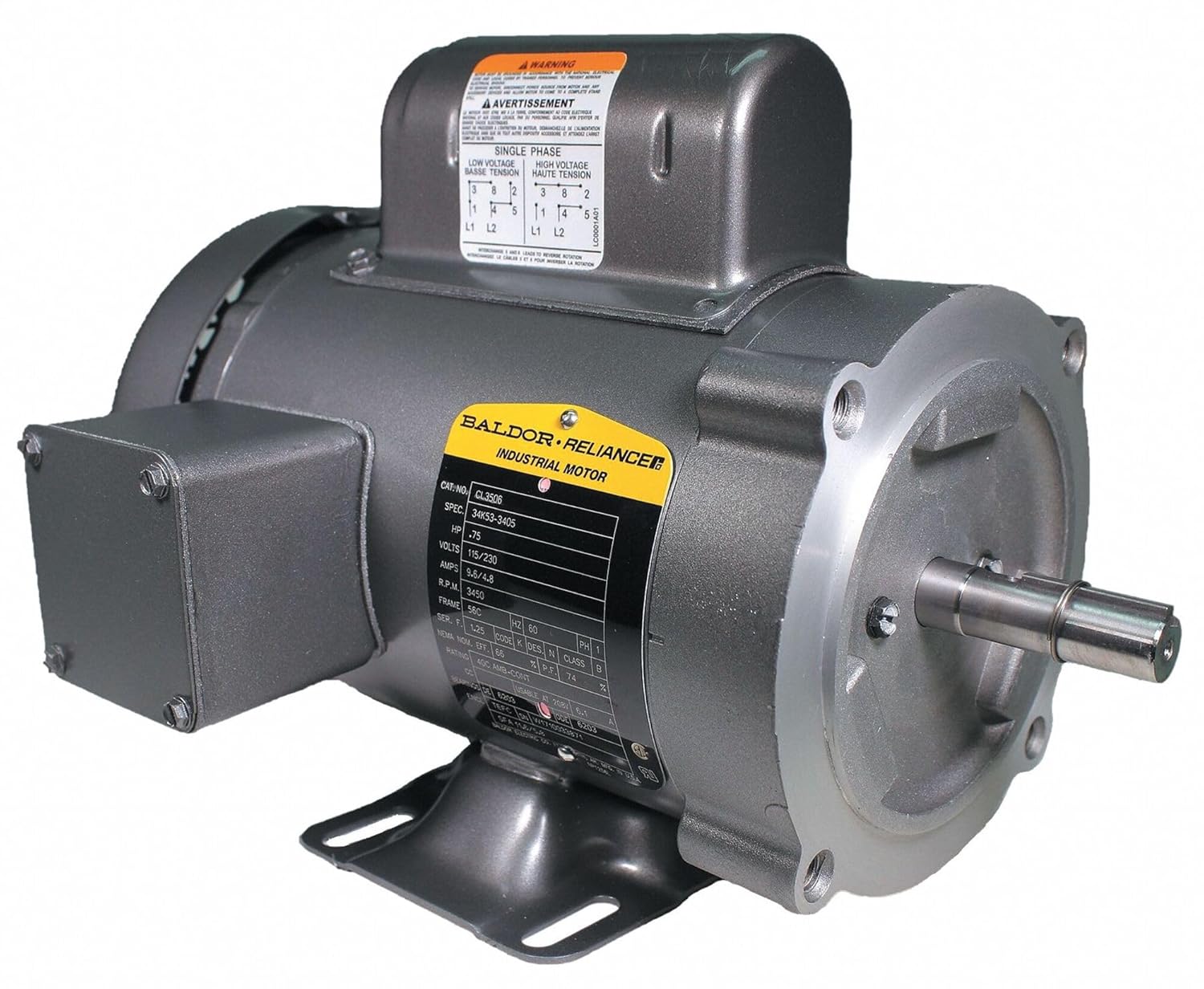 Baldor CL3506 General Purpose AC Motor, Single Phase, 56C Frame, TEFC Enclosure, 3/4Hp Output, 3450rpm, 60Hz, 115/230V Voltage