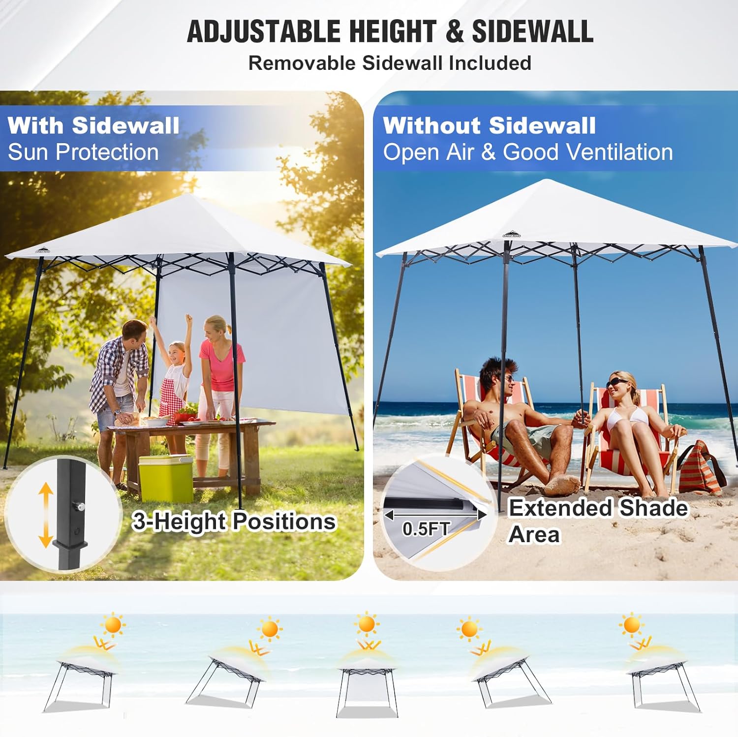 EAGLE PEAK 8x8 Pop Up Canopy Tent with Extended Eaves & Sidewall, Compact, Portable, Easy Setup Slant Leg Instant Shelter for Beach, Sports, & Camping, 8x8 Base 7x7 Top, White