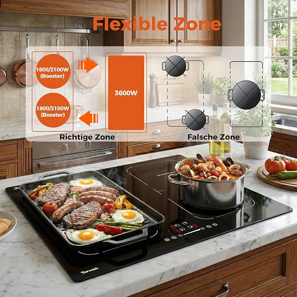Topwish Induktionskochfeld 60cm, Induktionskochfeld 4 platte mit Zwei Flexzonen, Induktionskochplatte einbau mit Boost-Funktion, Timer, Kindersicherung, Überhitzungsschutz und Warmhalten,7200W - 3