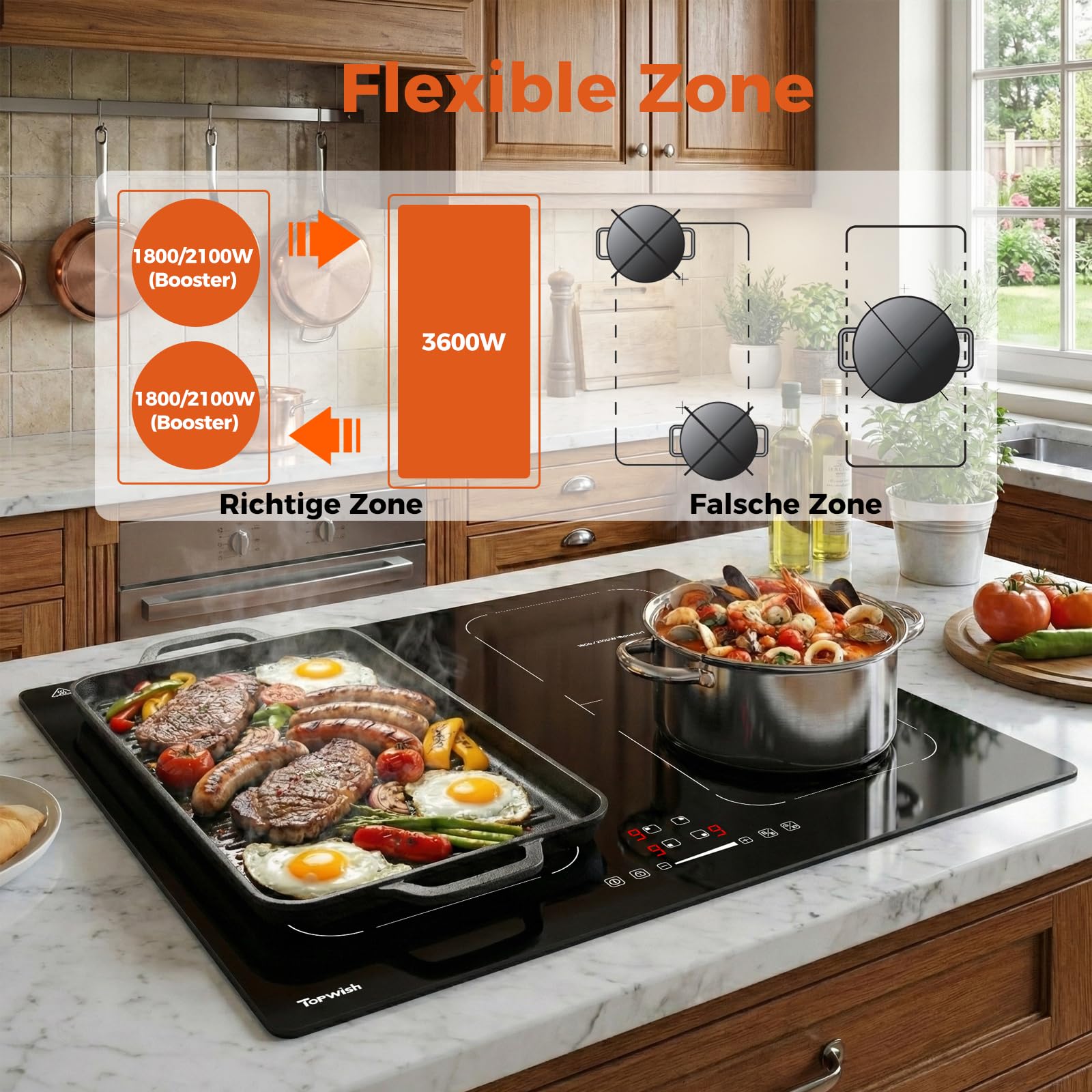 Topwish Induktionskochfeld 60cm, Induktionskochfeld 4 platte mit Zwei Flexzonen, Induktionskochplatte einbau mit Boost-Funktion, Timer, Kindersicherung, Überhitzungsschutz und Warmhalten,7200W - 4