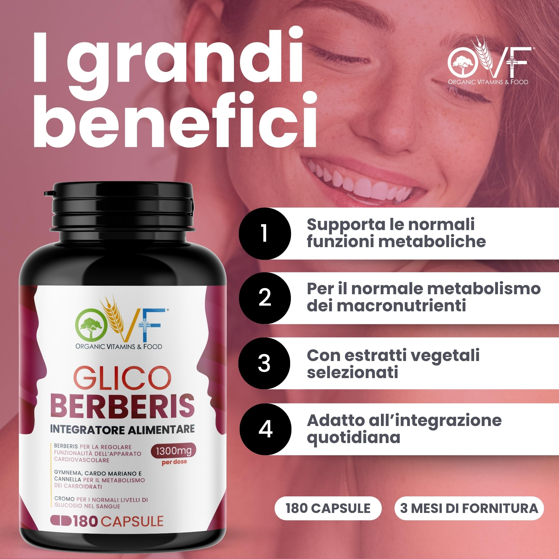 OVF Glico Berberis 180 cps Integratore Alimentare con Berberina, Acido Alfa Lipoico, Gymnema, Cardo Mariano, Cromo e Cannella Supporta Metabolismo e Favorisce la Funzionalità Cardiovascolare