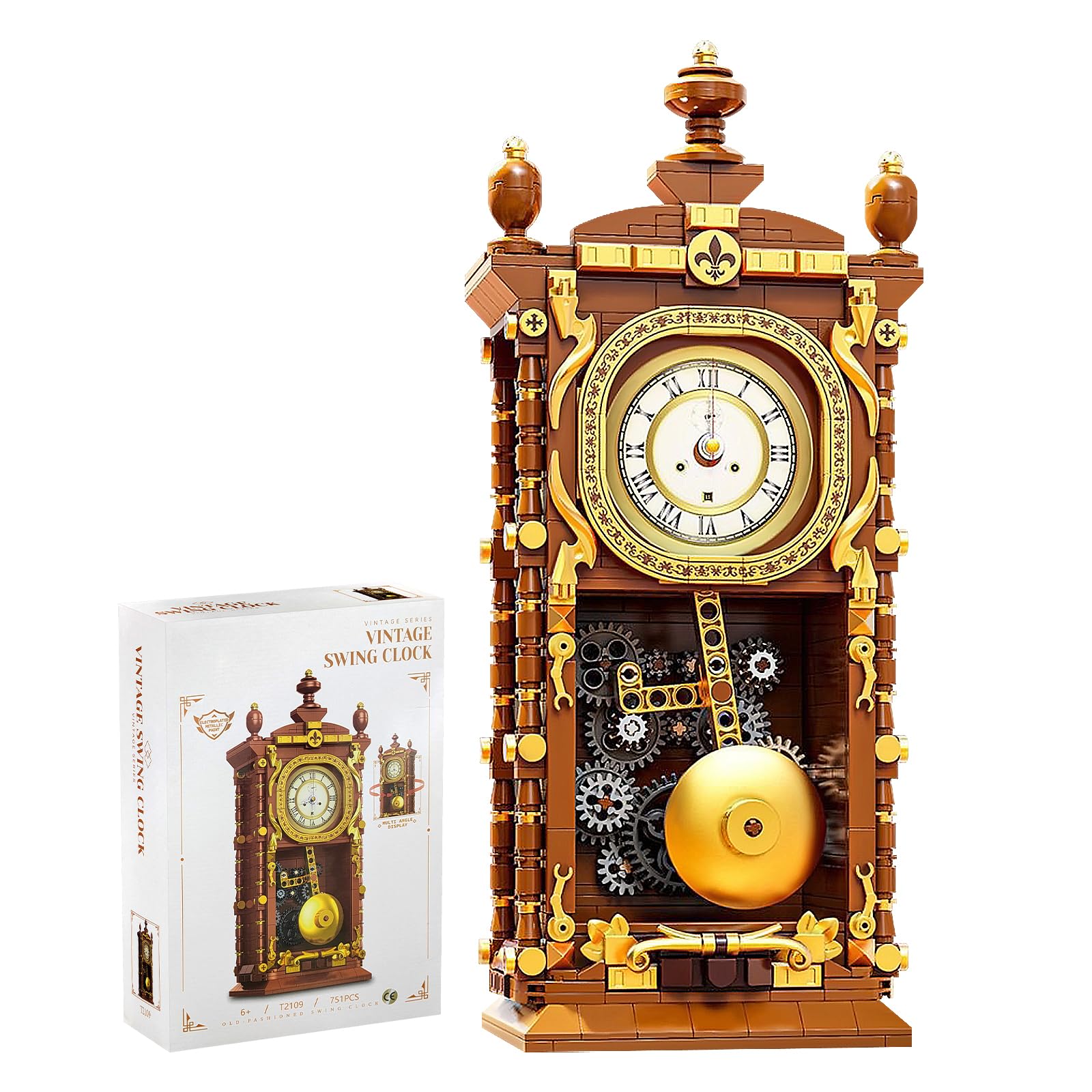PHOEWON Vintage Pendulum Clock Building Block Set, 751 PCS Retro Pendulum, Stem Toy with Real Clock Function and Linkable Mechanical Pendulum, Home Decoration and Collectible for Adults Teens Kids 6+
