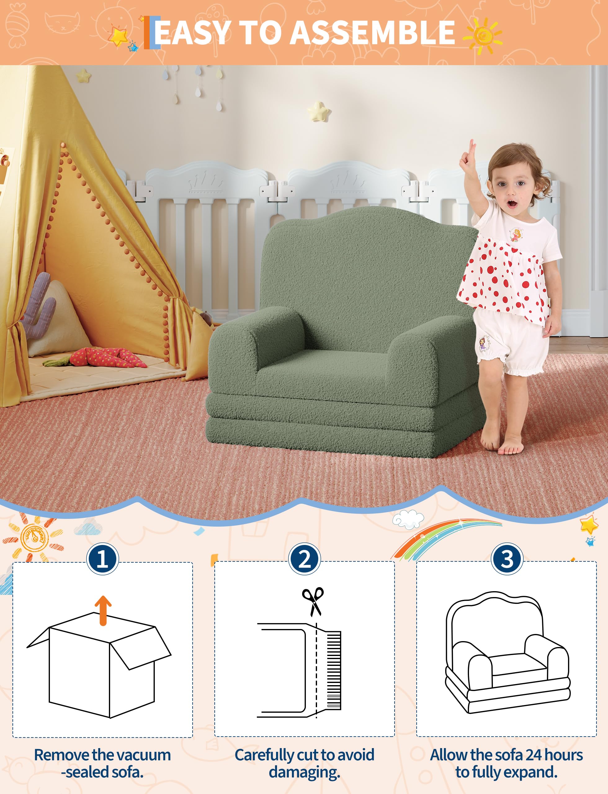 IDEALHOUSE Sofa dziecięca 2 w 1, składana i używana jako fotel, zielona