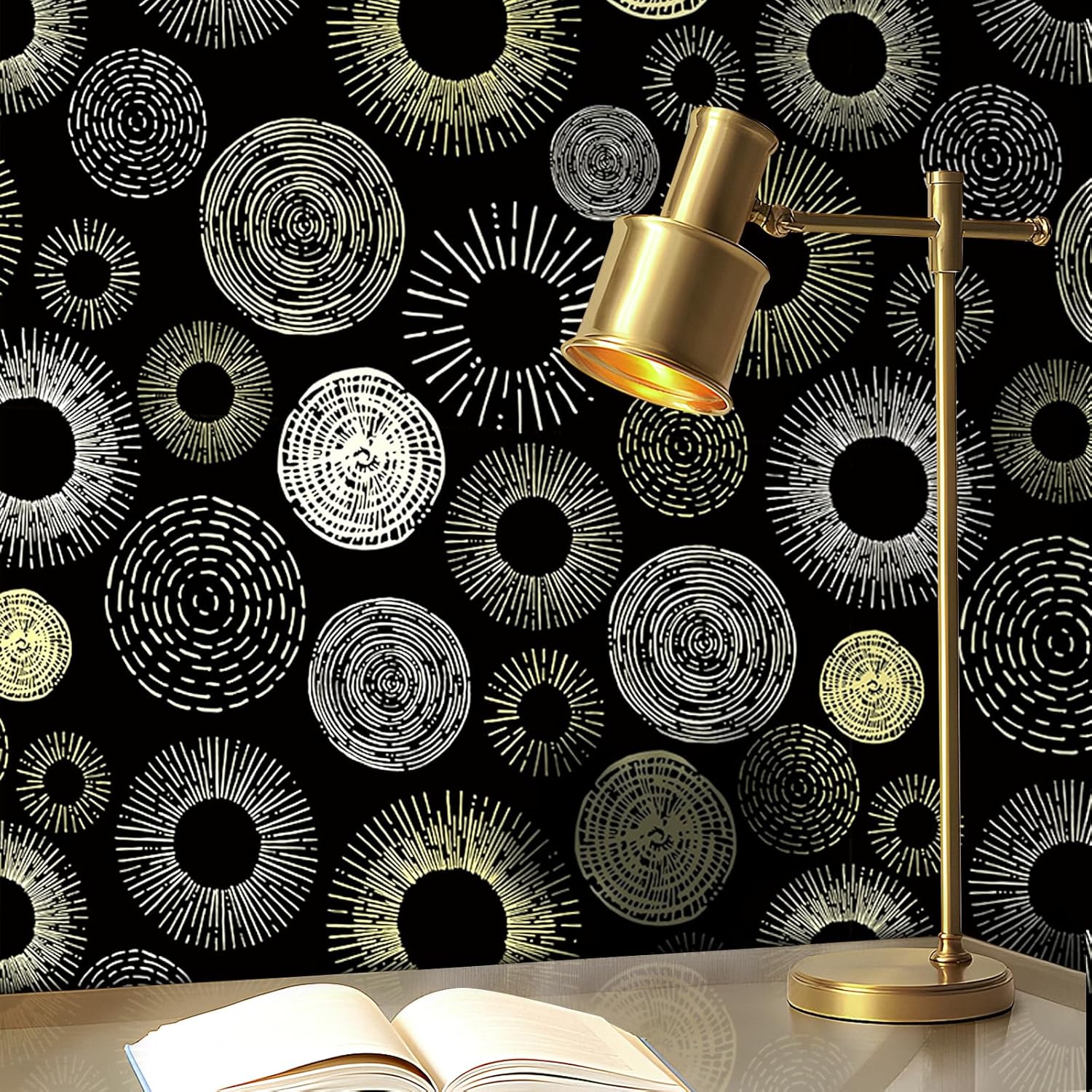 ReWallpaper 17.5inX23ft Modern Geometric Peel and Stick Wallpaper Black and Gold Wall Paper for Bedroom Removable Art Deco Wallpaper Black Gold Sunburst Tree Ring Self Adhesive Wall Covering for Walls