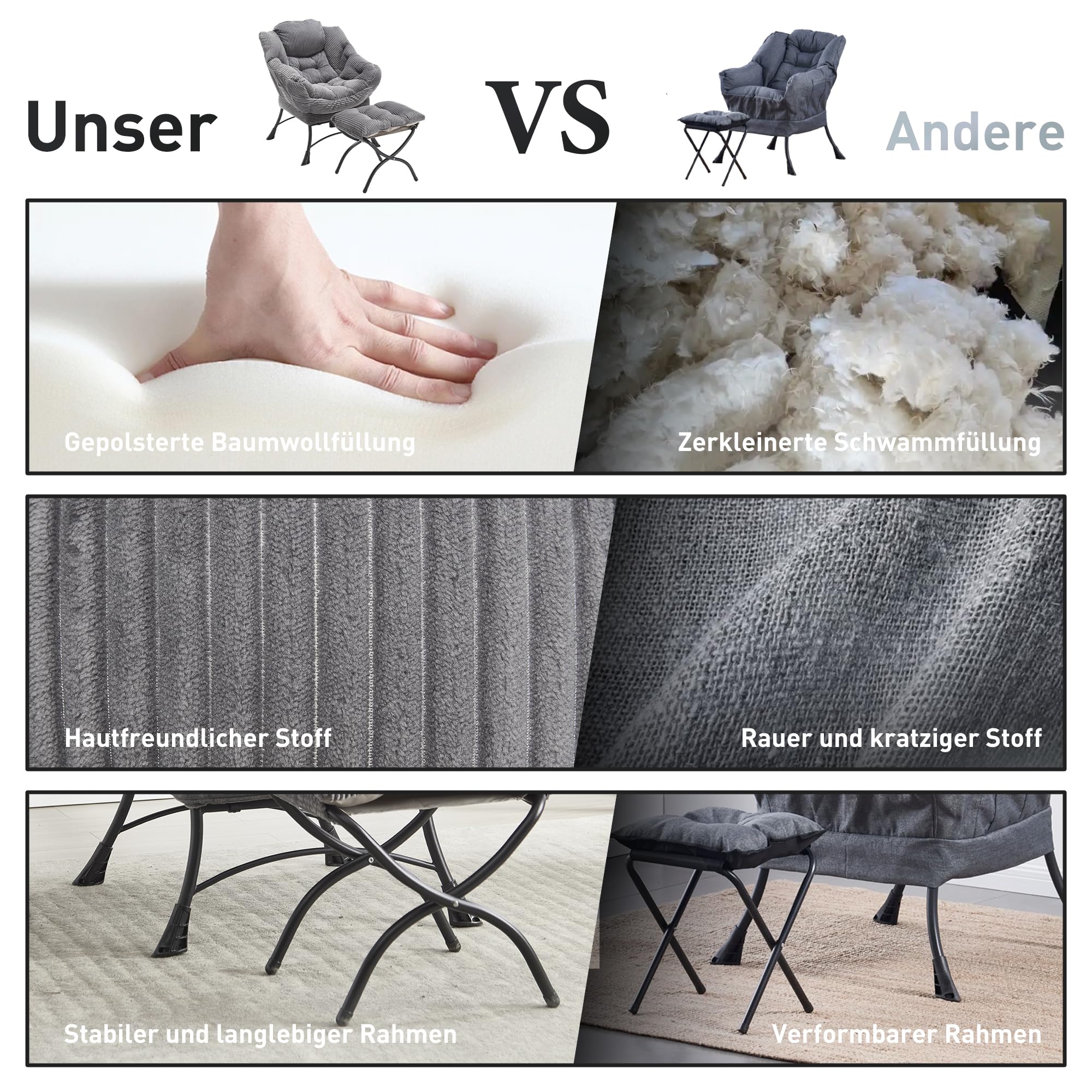 Faulenzersessel mit Ottomane, Relaxsessel mit Hocker – Schlafzimmerstuhl für Erwachsene, moderner Lounge-Akzentstuhl mit Armlehnen, ergonomische Fußstütze