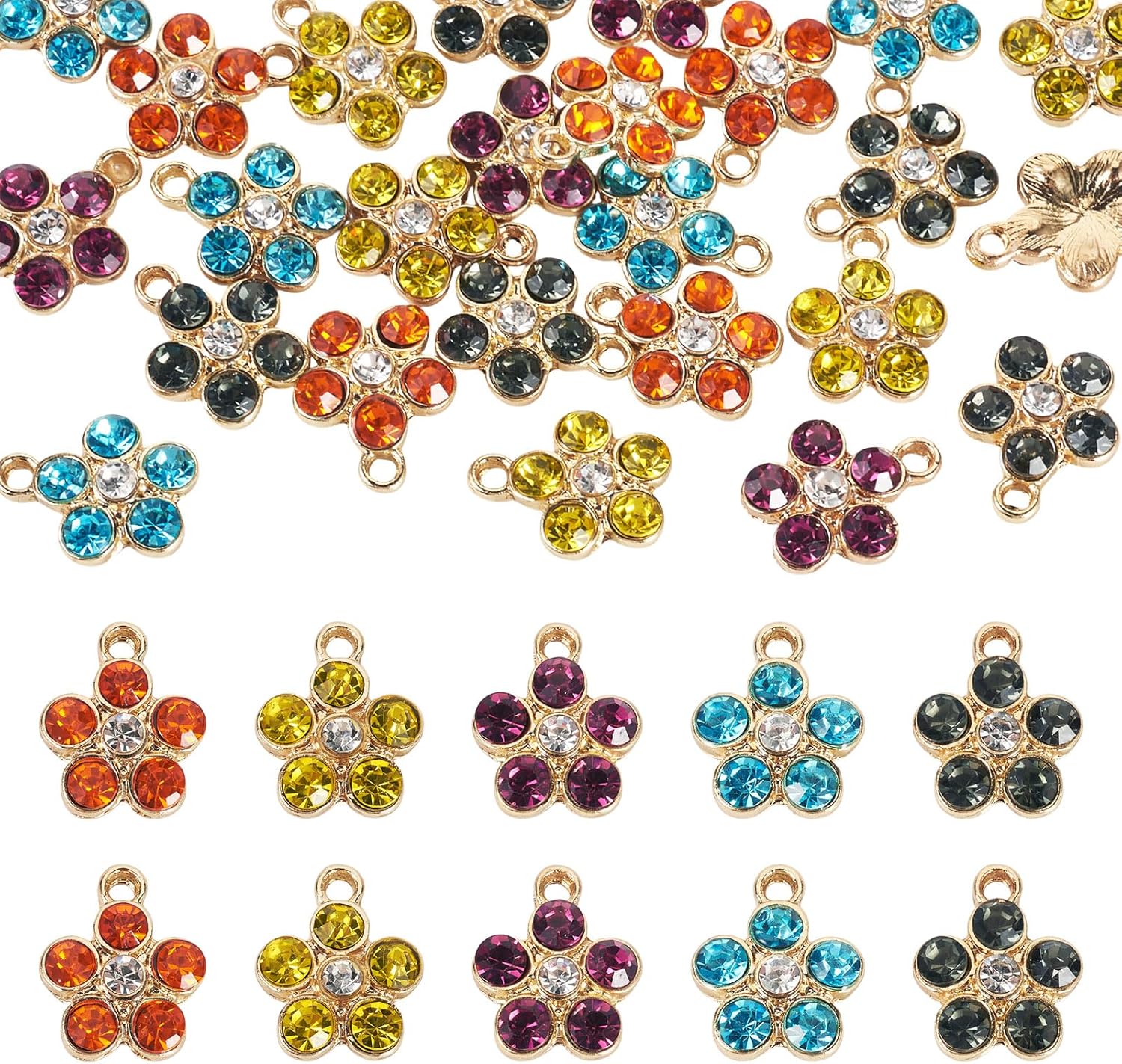 Craftdady 25Pcs Rhinestone Flower Pendants Light Gold Cherry Blossom Charms Alloy Tiny Crystal Flower Charms for DIY Bracelets Necklace, Jewelry Findings Making Accessories (5 Colors) - Image 9