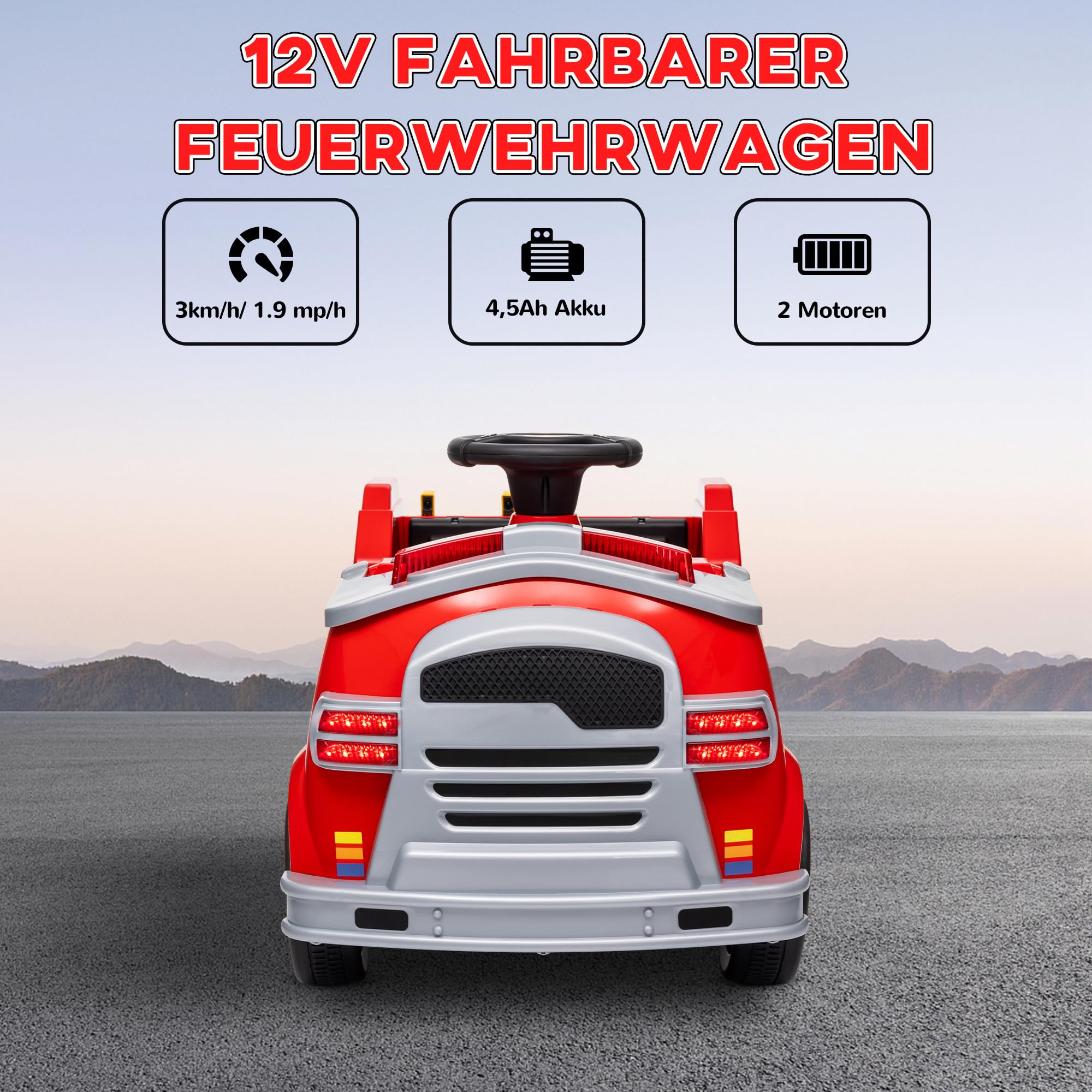 AIYAPLAY Kinder Elektroauto 12V Kinderauto Elektrisch für 3-5 Jahre Rot | Hupe, Musik, Sirene, Warnlampe, Elektrofahrzeug mit Scheinwerfer, Sanftanlauf, Kinder Feuerwehrauto, 3 km/h