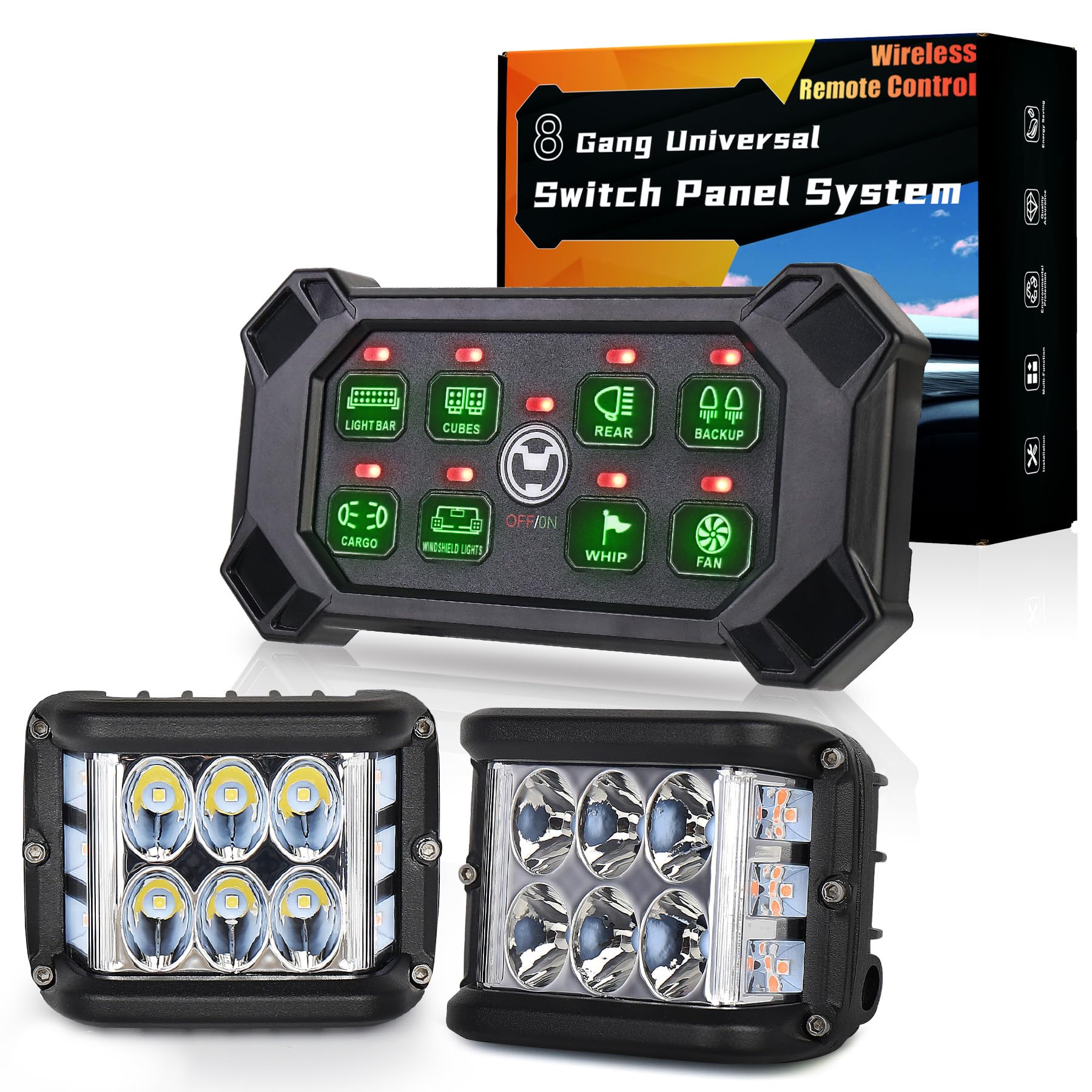 POVTOR Wireless 8 Gang Switch Panel Remote Control+4 inch Side Shooter LED Pod Lights with Dual Side Yellow Solid/Strobe Function for Truck Boat SUV UTV ATV