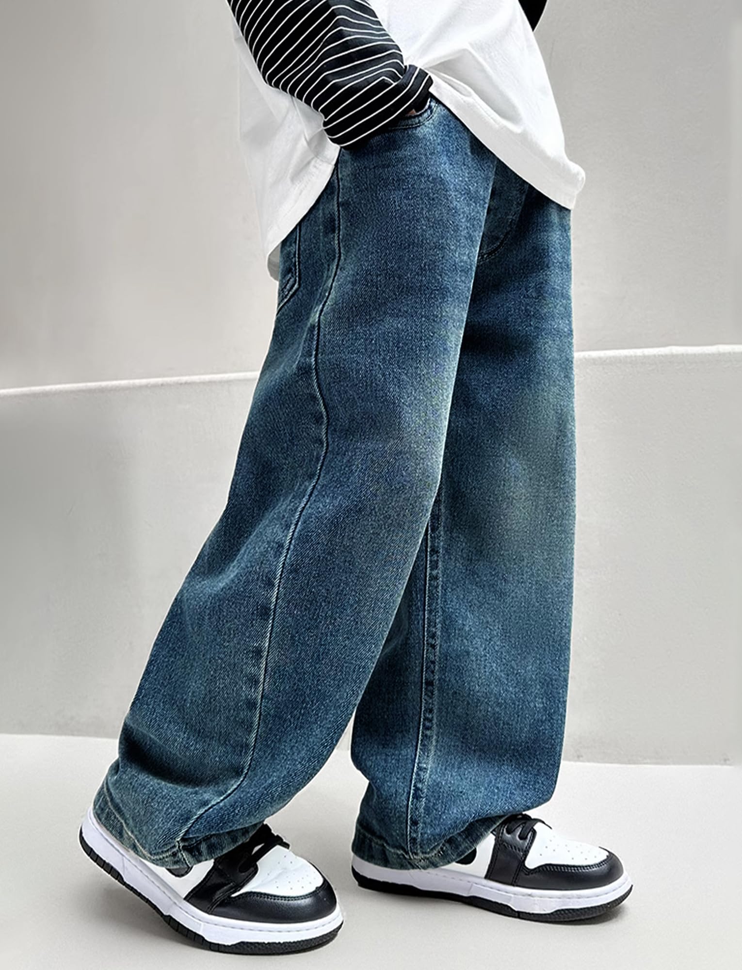 FEOYA Garçon Jeans La Mode Lâche Enfant Pantalon Baggy Printemps Ado Loisirs Automne Jambes Larges Sport Classique Ceinture Élastique Cylindre Droit Solide 5-14 Ans