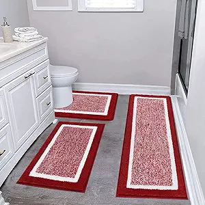 Pauwer 3 Piece Bath Mat Set, Non Slip Plush Bathroom Mats, Absorbent Shaggy Bathroom Rug Set with U-Shaped Contour Toilet Mat for Bedroom Living Room, Red