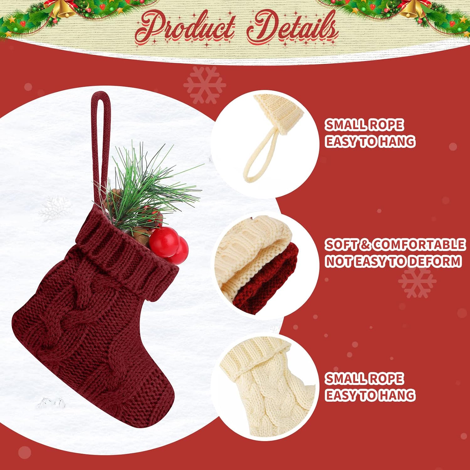 Jerify 24 Pcs Mini Christmas Stockings 3.94 Inch Knitted Stocking Small Xmas Christmas Hanging Stocking Little Rustic Christmas Tree Ornaments for Home Party Holiday Decor (Wine Red, Beige)