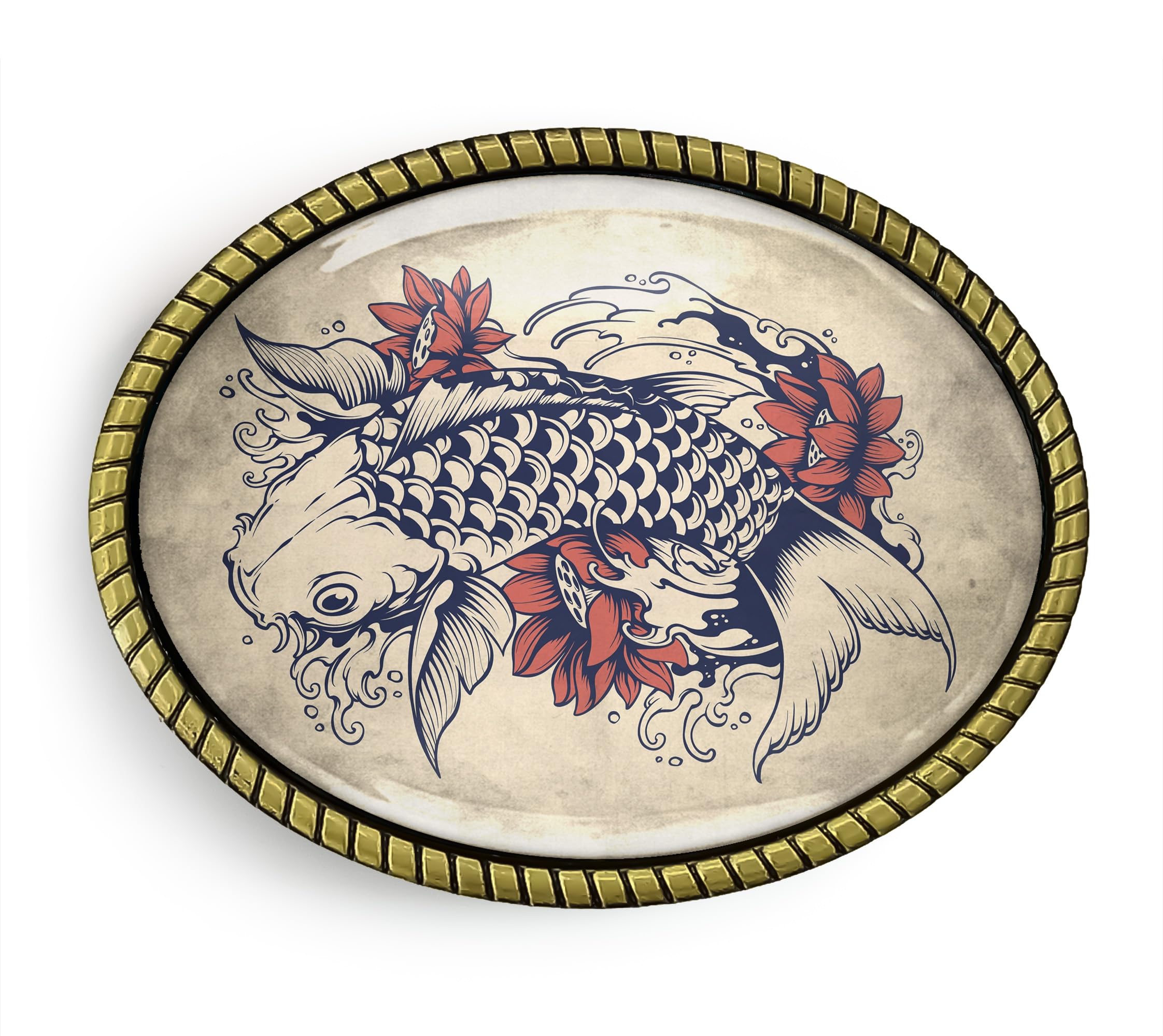 Koi Fish Belt Buckle - Vintage Tattoo Flash Art Handmade Artisan Belt Buckle (Antique Gold)