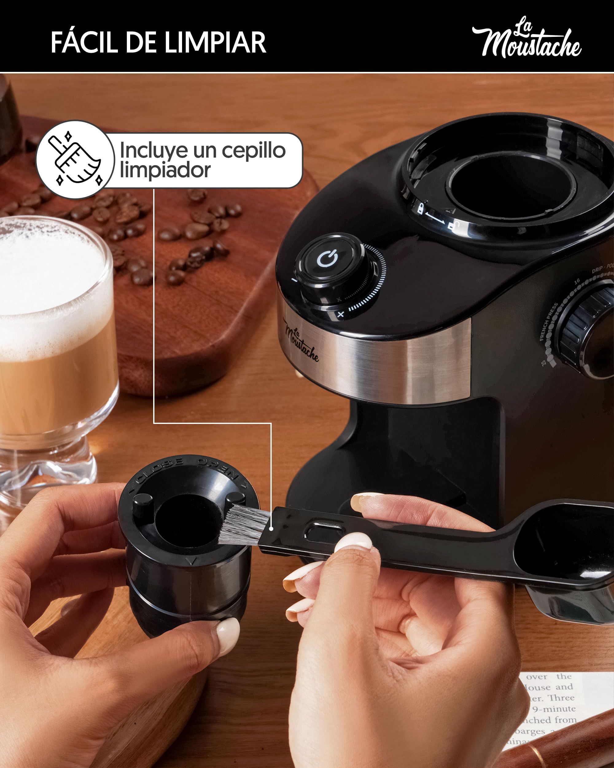 La Moustache - Molinillo de Café Eléctrico 200W con Mecanismo Plano de Acero Inoxidable 190g | 25 Grados de Molido【Bajo Ruido】Contenedor Transparente, Temporizador y Cepillo (GrindMaster Black)
