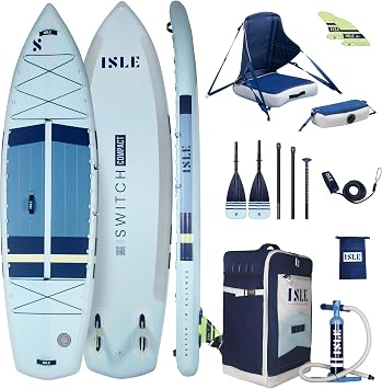 ISLE Switch Compact Inflatable Hybrid Kayak-Stand Up Paddle Board | 2in1- Kayak & Paddle Board Bundle, Incl. Kayak Seat, Foot Brace, Paddle, Fin, Hand Pump, Bag, 10.6" - Ice/Slate/Lumin/Navy