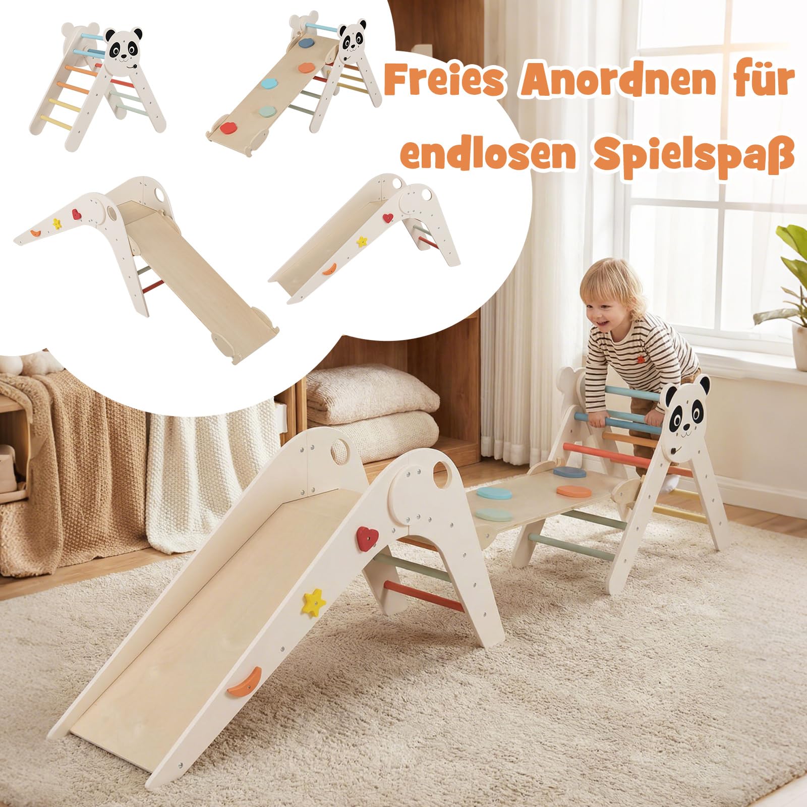 COSTWAY Kletterdreiecke Indoor 3er Set, klappabres Kletterdreieck mit Rutsche, Rampe, Kletterleiter, inkl. Baustein Set, Klettergerüst Holz, Sprossendreieck für Kinder ab 3 Jahr (Macaron)