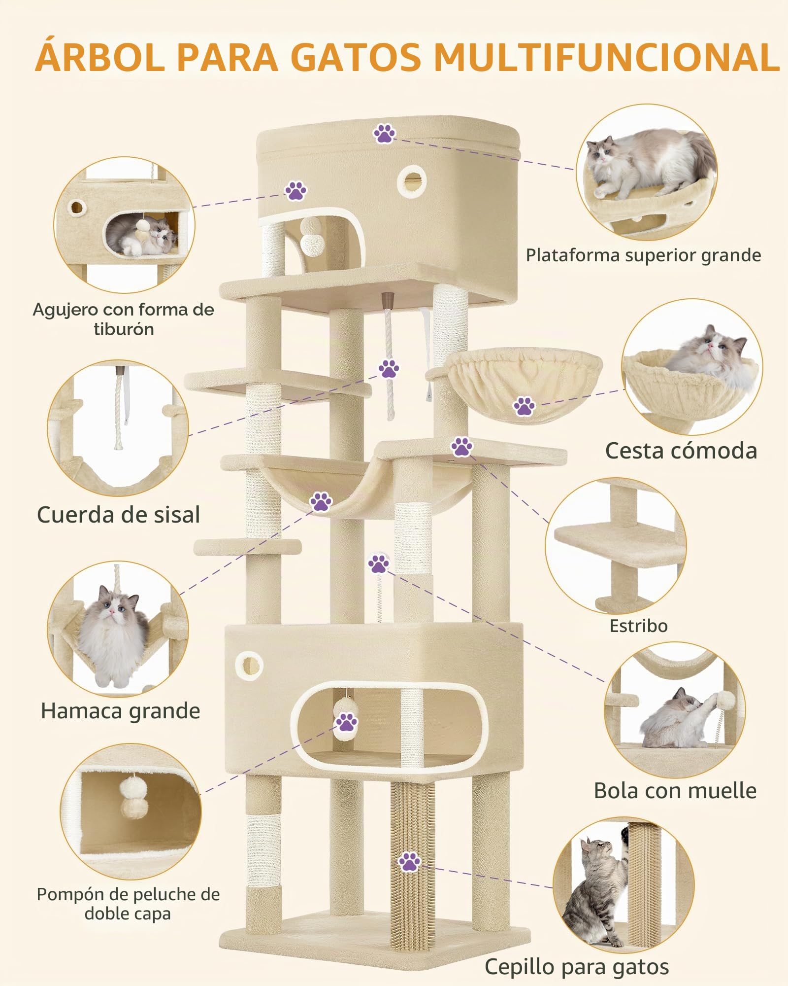 Hzuaneri Árbol Rascador para Gatos, 203 cm Multicapa con Plataforma Grande, 2 Cuevas, 7 Postes de Sisal, Pompones, Cesta para Gatos, Hamaca, Beige MS20318YL