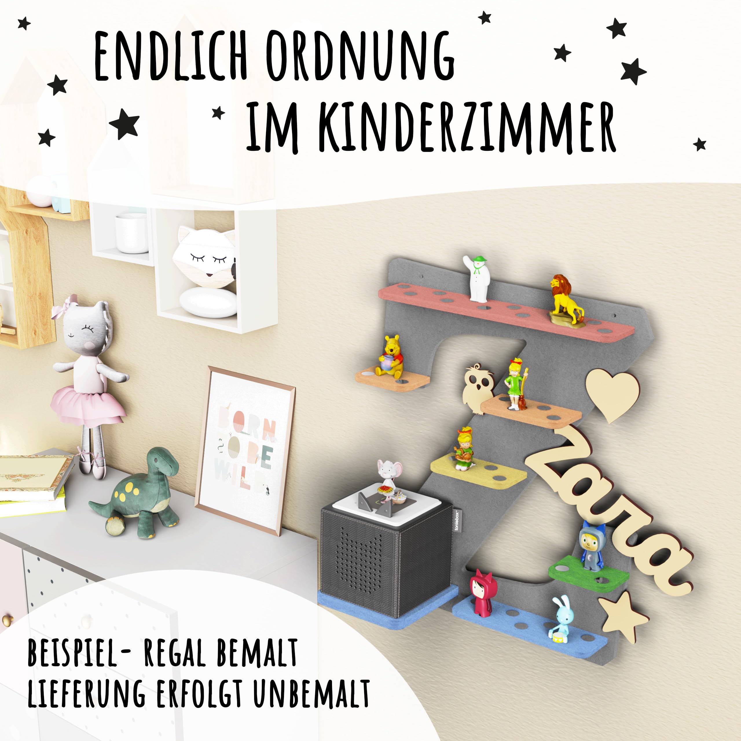 Holzura Regal Buchstabe Z für Toniebox zum selber bauen, DIY Wandregal für Toniefiguren, Aufbewahrung für Tonies, Halterung für Musikbox, 10mm Bausatz