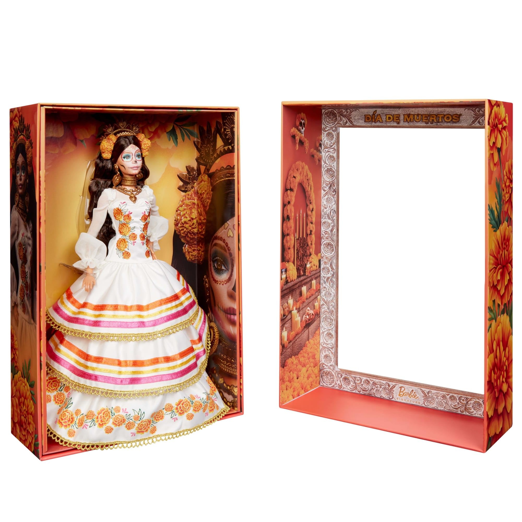 Barbie Signature Lalka Día De Muertos 2025 Kolekcjonerska lalka, kremowa suknia z detalami takimi jak falbanki, aksamitki i naszyte wstążki, kwiatowa korona i charakterystyczny makijaż czaszki, JBJ05