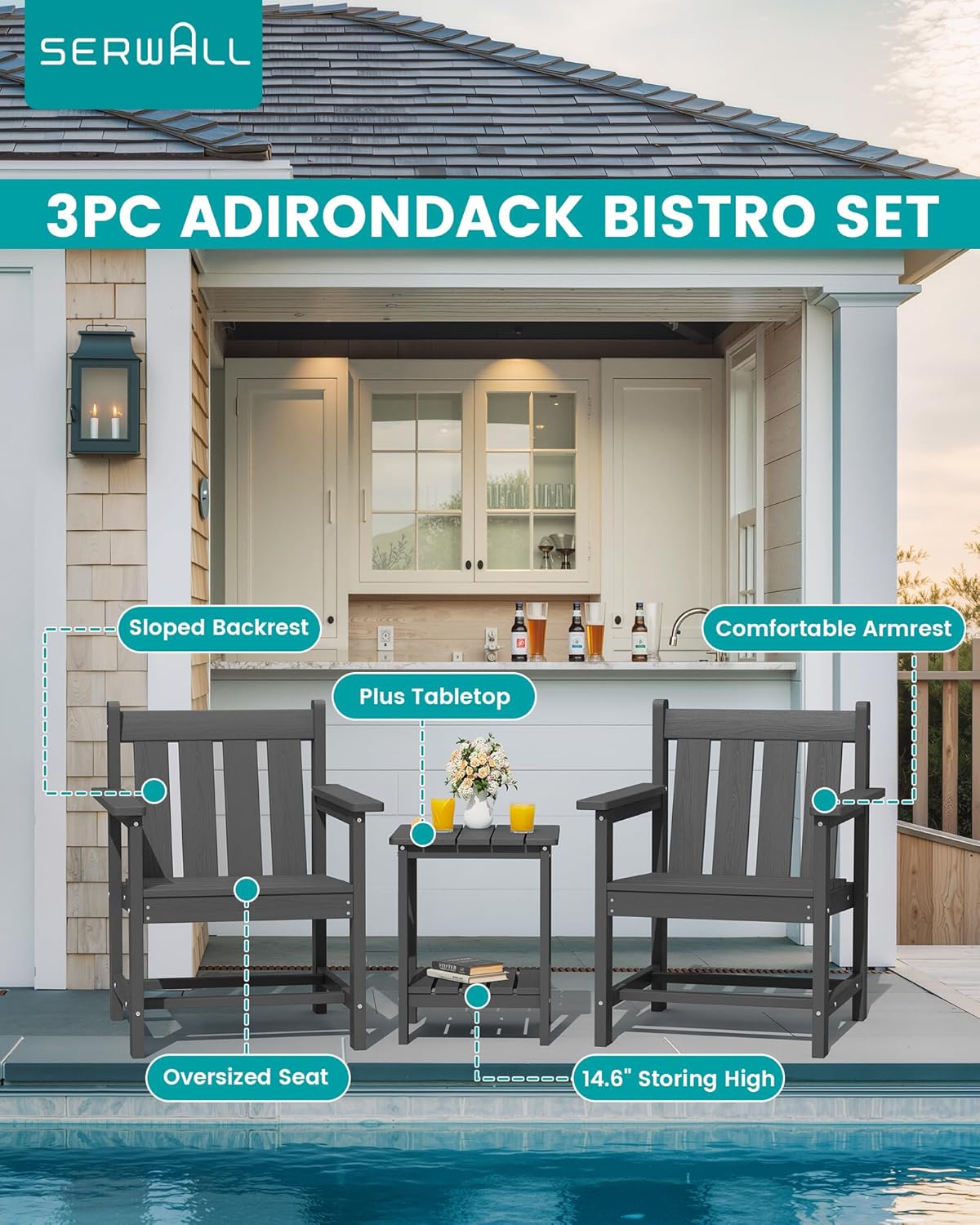 SEWRWALL 3 Pieces Patio Bistro Set, All Weather Adirondack Chair Set with Side Table, HDPE Material Outdoor Patio Furniture Set for Balcony, Porch, Garden, Backyard- Gray