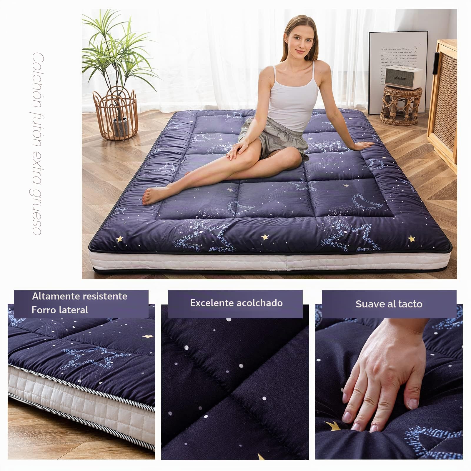 MAXYOYO Colchón futón, colchón japonés acolchado de suelo, colchón acolchado para colchón, colchón plegable extra grueso, colchoneta de suelo transpirable, cama de invitados (luna y estrellas, 90 x
