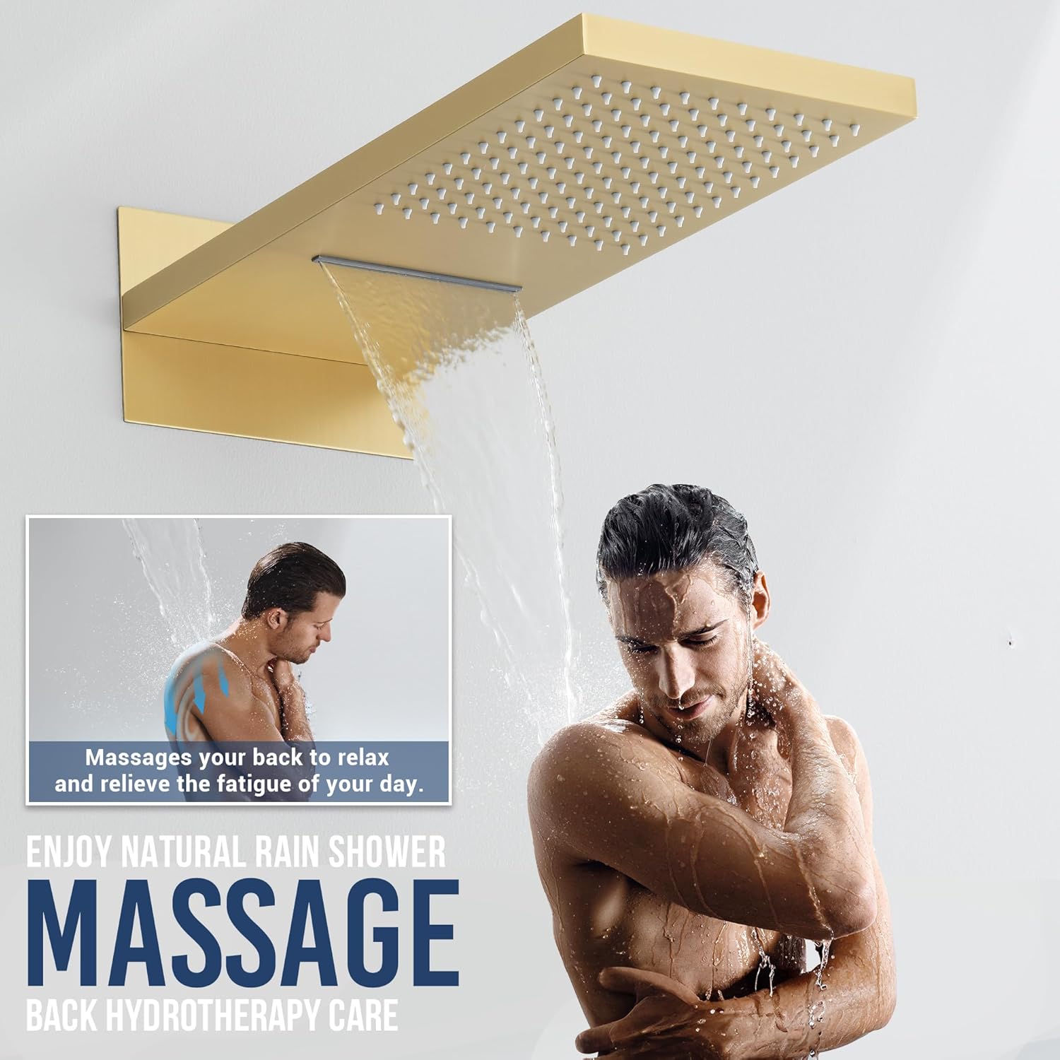 Thermostatic Shower System 22-Inch Rain & Waterfall Large Shower Head, Brushed Gold Luxury Shower Faucet Set with High Pressure Handheld Sprayer, Wall Mount Shower Fixtures Include Valve