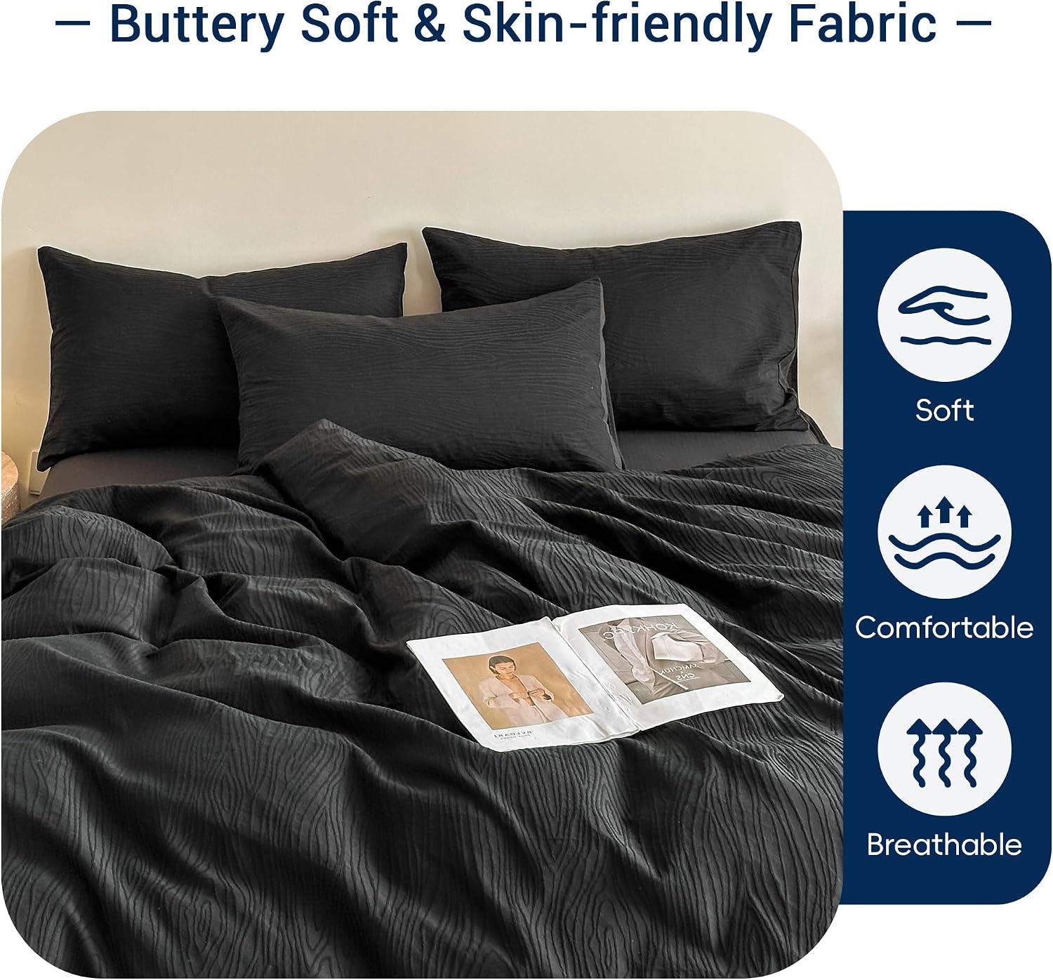 SheRest Black Textured Duvet Cover King Size - 3 piece Soft Microfiber Bedding Set with Zipper Closure & 8 Corner Ties, Includes 1 Duvet Cover 104x90 Inches & 2 Pillow Shams, Comforter Not Included